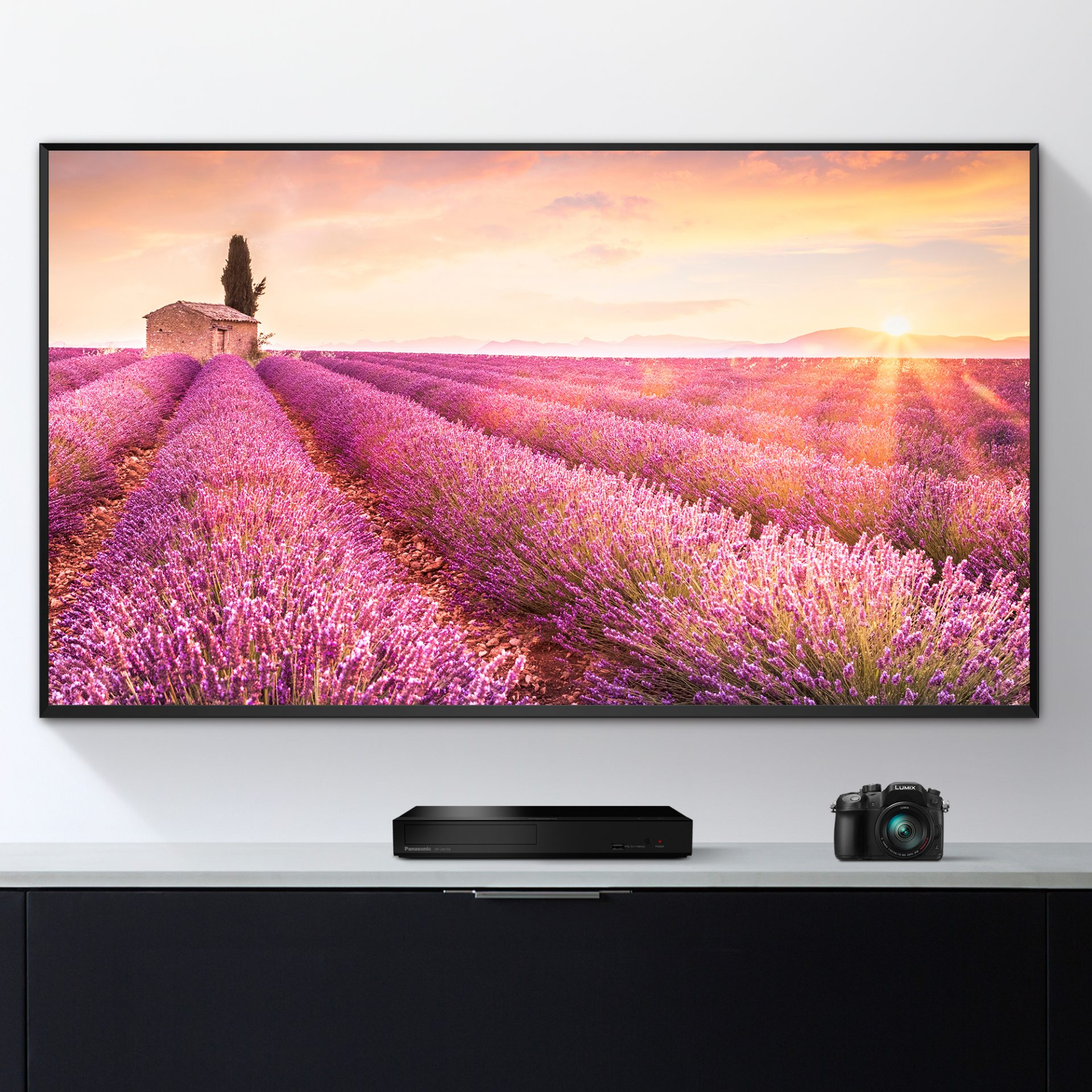 Telewizor wyświetla pole lawendy o zachodzie słońca. Poniżej odtwarzacz DVD i aparat.