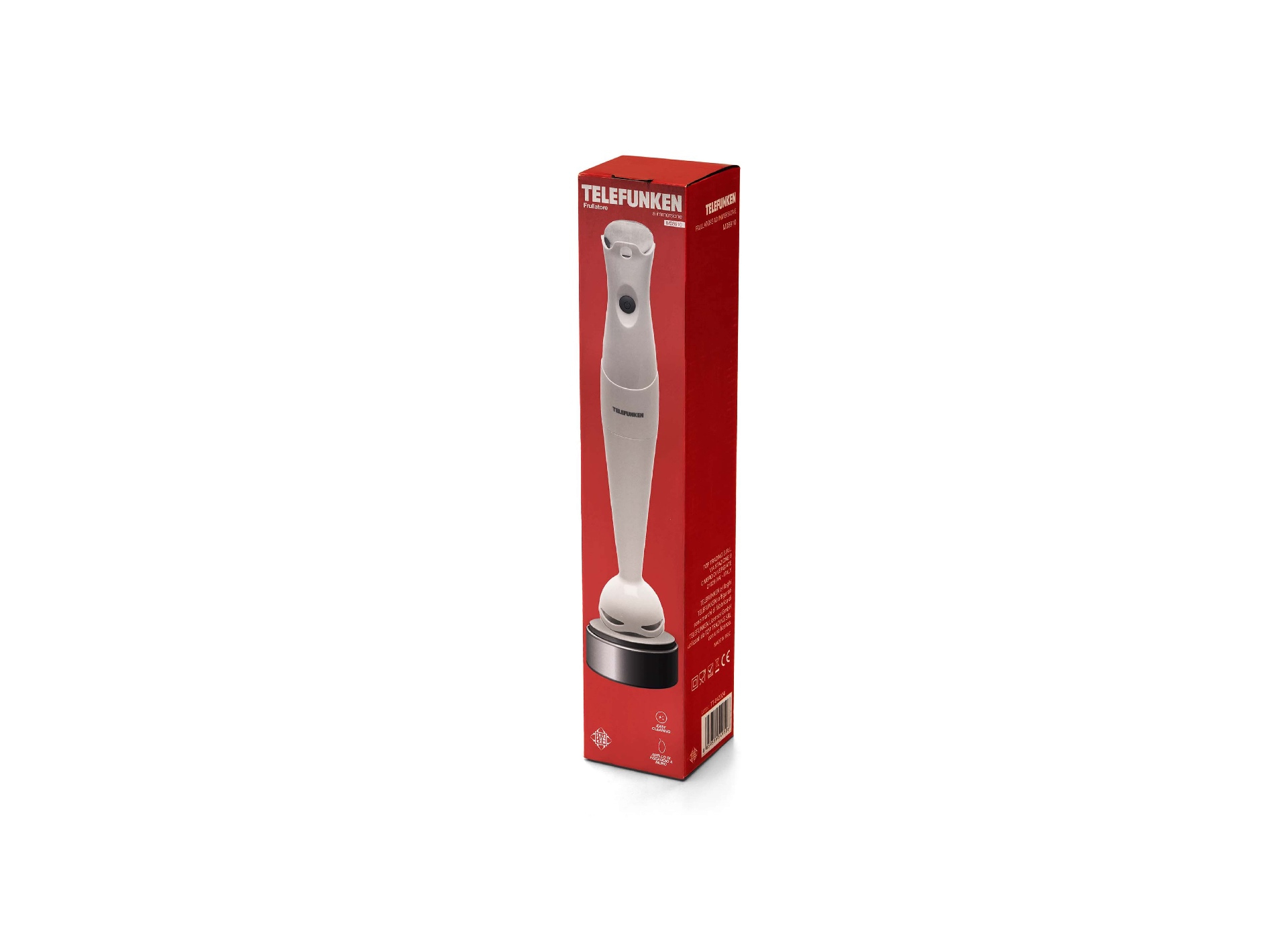Een witte Telefunken staafmixer zit in een rode doos. De doos staat op een witte achtergrond. De mixer staat verticaal.