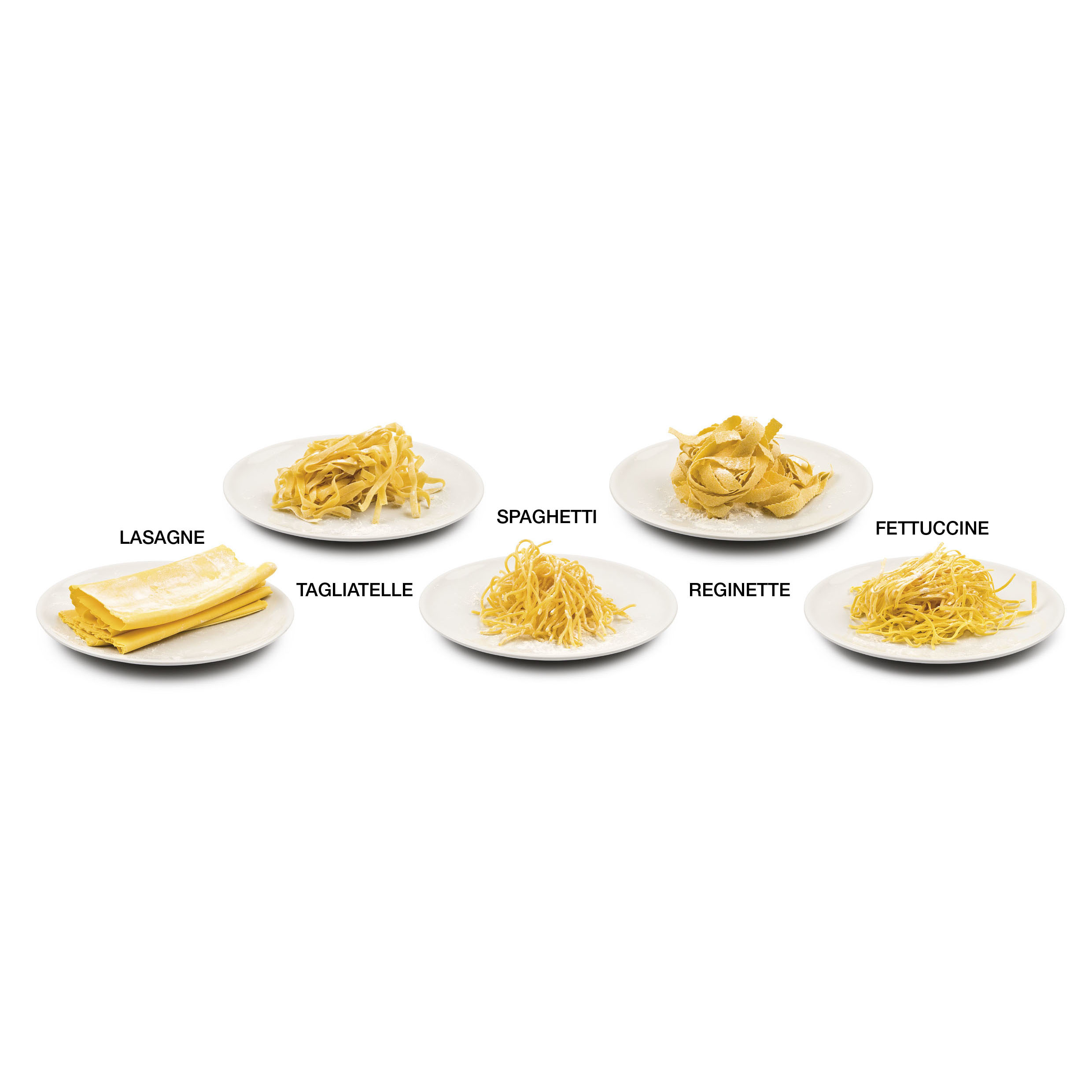 Fünf Pastagerichte auf weißen Tellern, beschriftet: Lasagne, Tagliatelle, Spaghetti, Reginette und Fettuccine, auf weißem Hintergrund.