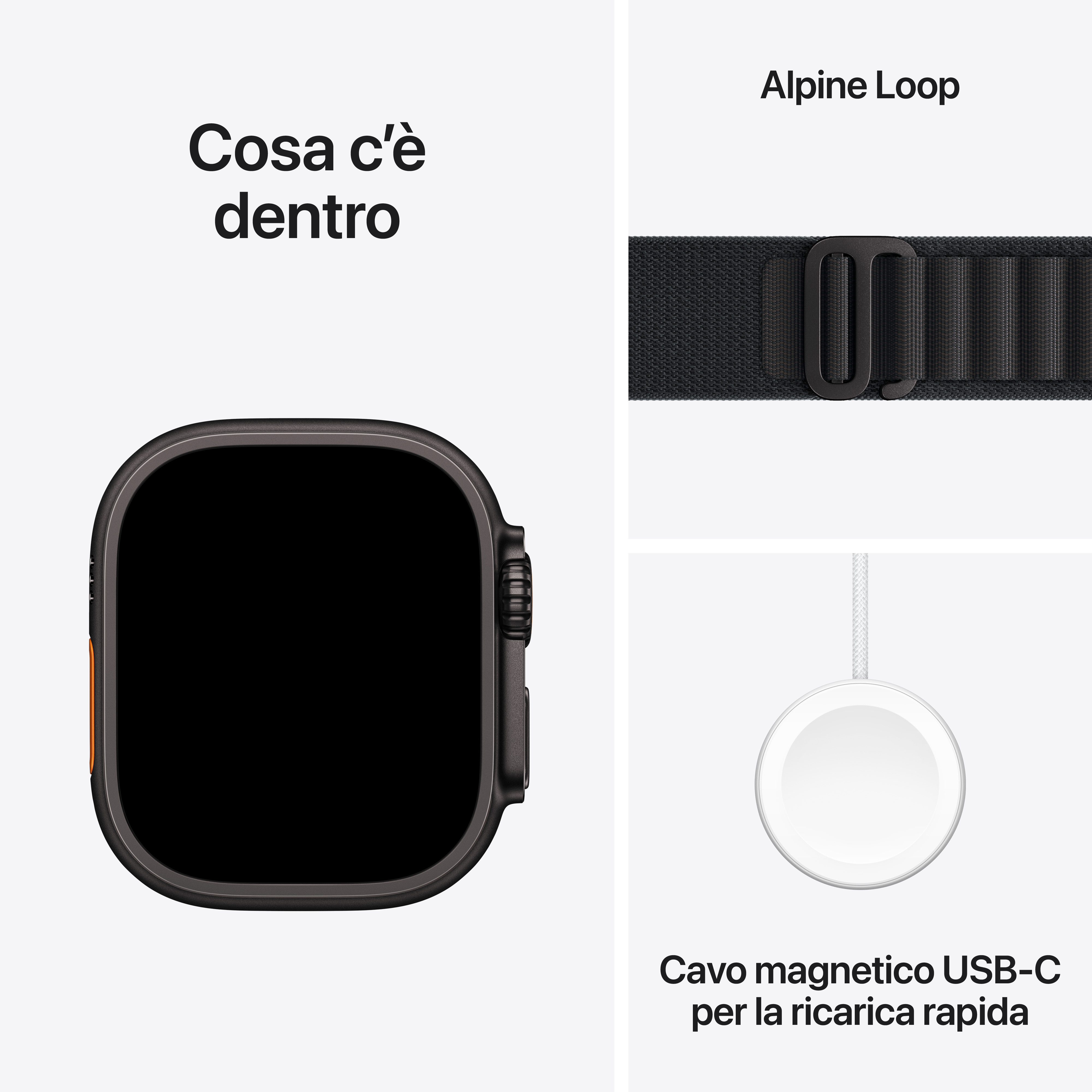 L'immagine mostra un Apple Watch, un cinturino Alpine Loop e un cavo di ricarica. Il testo recita 'Cosa c'è dentro'.