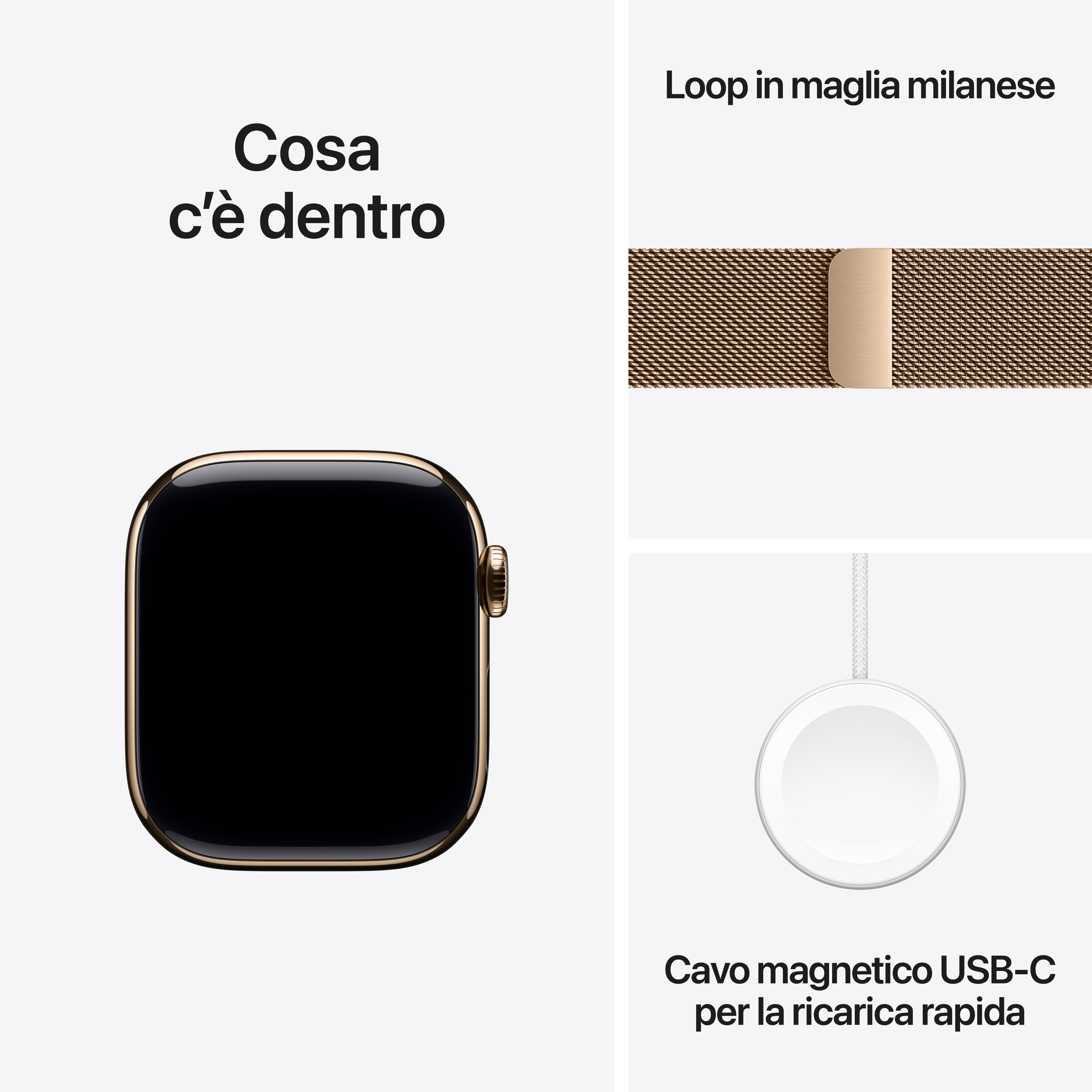 Złoty Apple Watch z czarnym ekranem, paskiem mediolańskim i ładowarką USB-C. Tekst: 'Co jest w środku'.