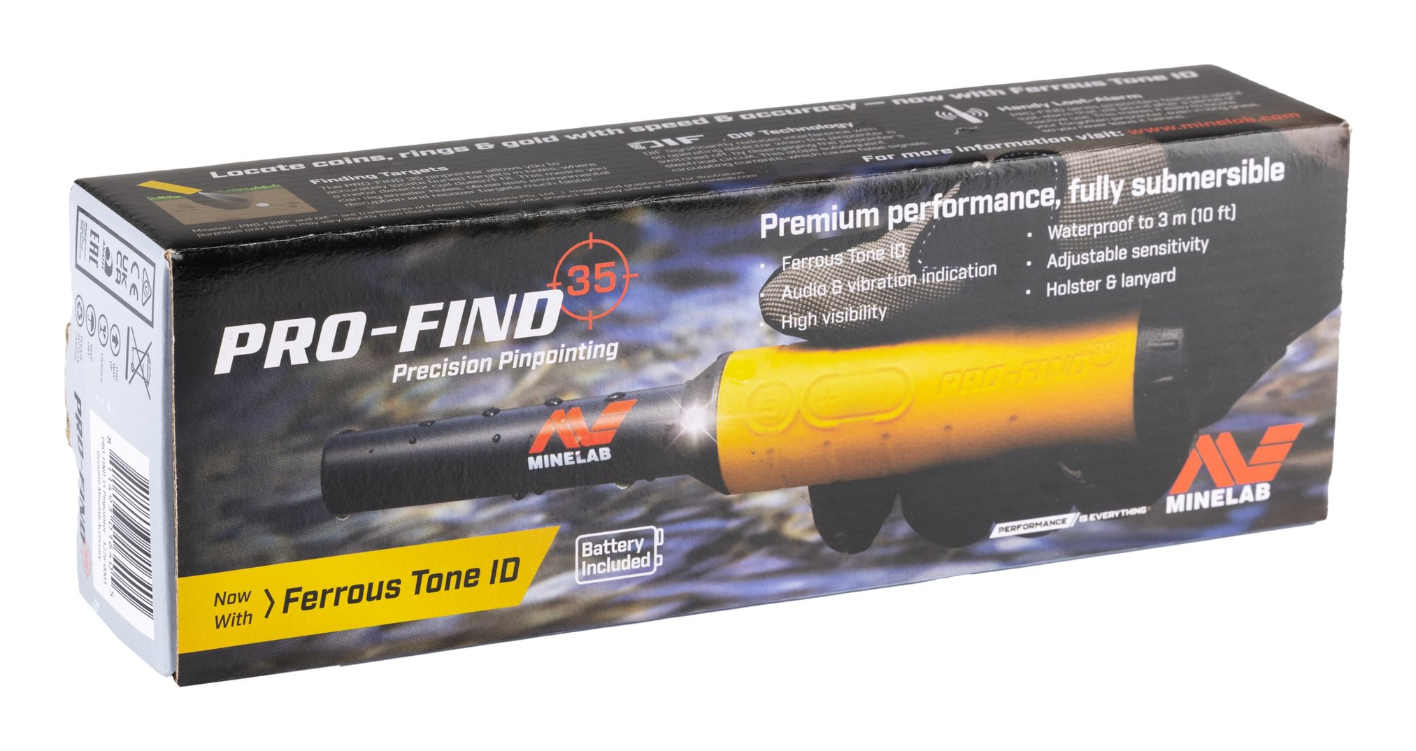 Schachtel mit einem gelb-schwarzen Metalldetektor. Text: PRO-FIND 35, Ferrous Tone ID, Premium-Performance, voll tauchfähig.
