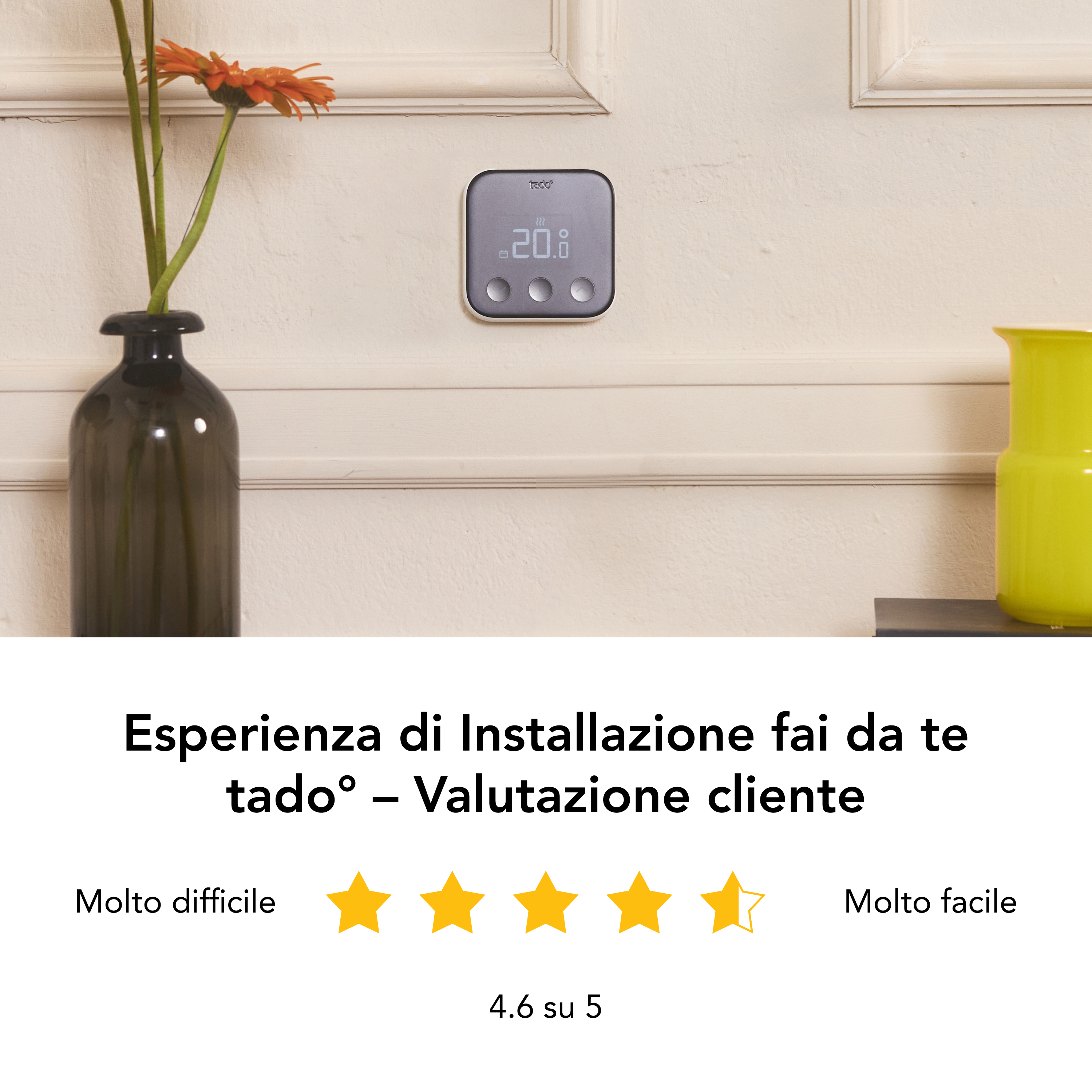 A thermostat displays 20.0. A vase with a flower, and a yellow vase are on a white wall.