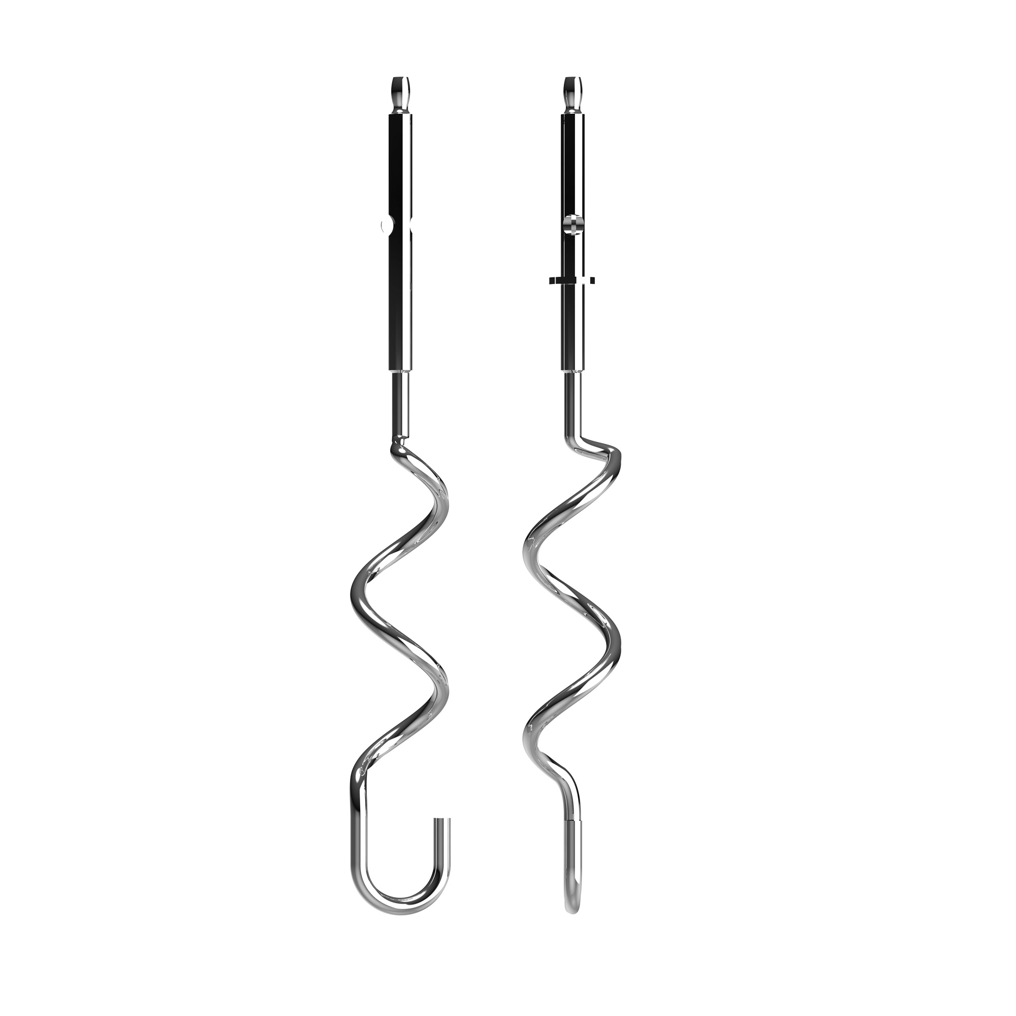 Dos accesorios metálicos brillantes para batidora sobre fondo blanco. Uno tiene un extremo en forma de U.