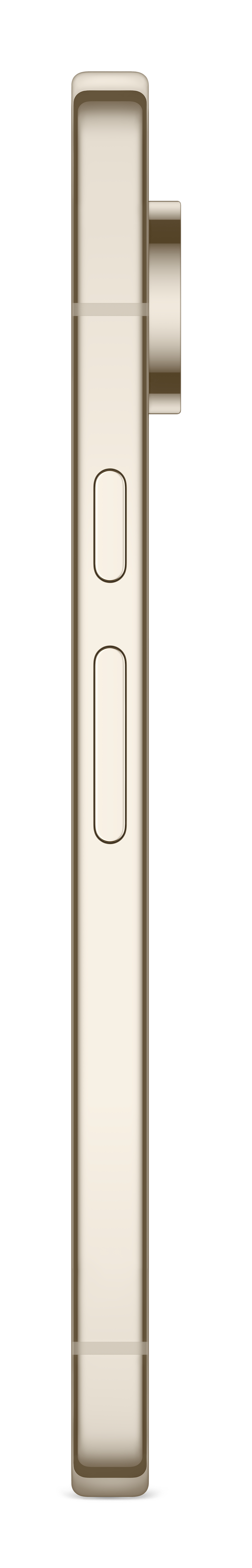 Widok z boku złotego telefonu, z przyciskami głośności i zasilania. Telefon jest na białym tle.