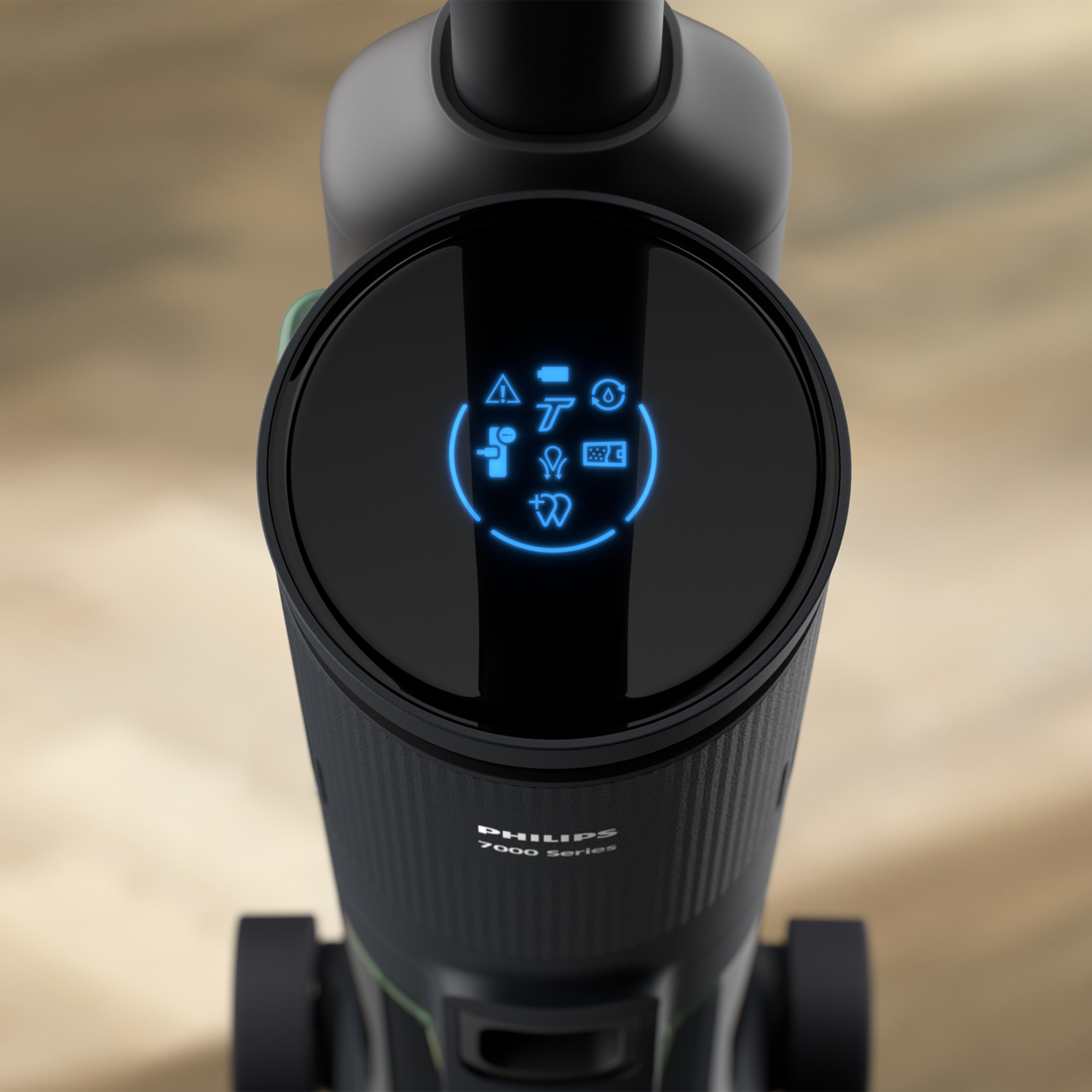 Zbliżenie czarnego urządzenia Philips 7000 series. Okrągły ekran wyświetla niebieskie ikony. Drewniana powierzchnia w tle.