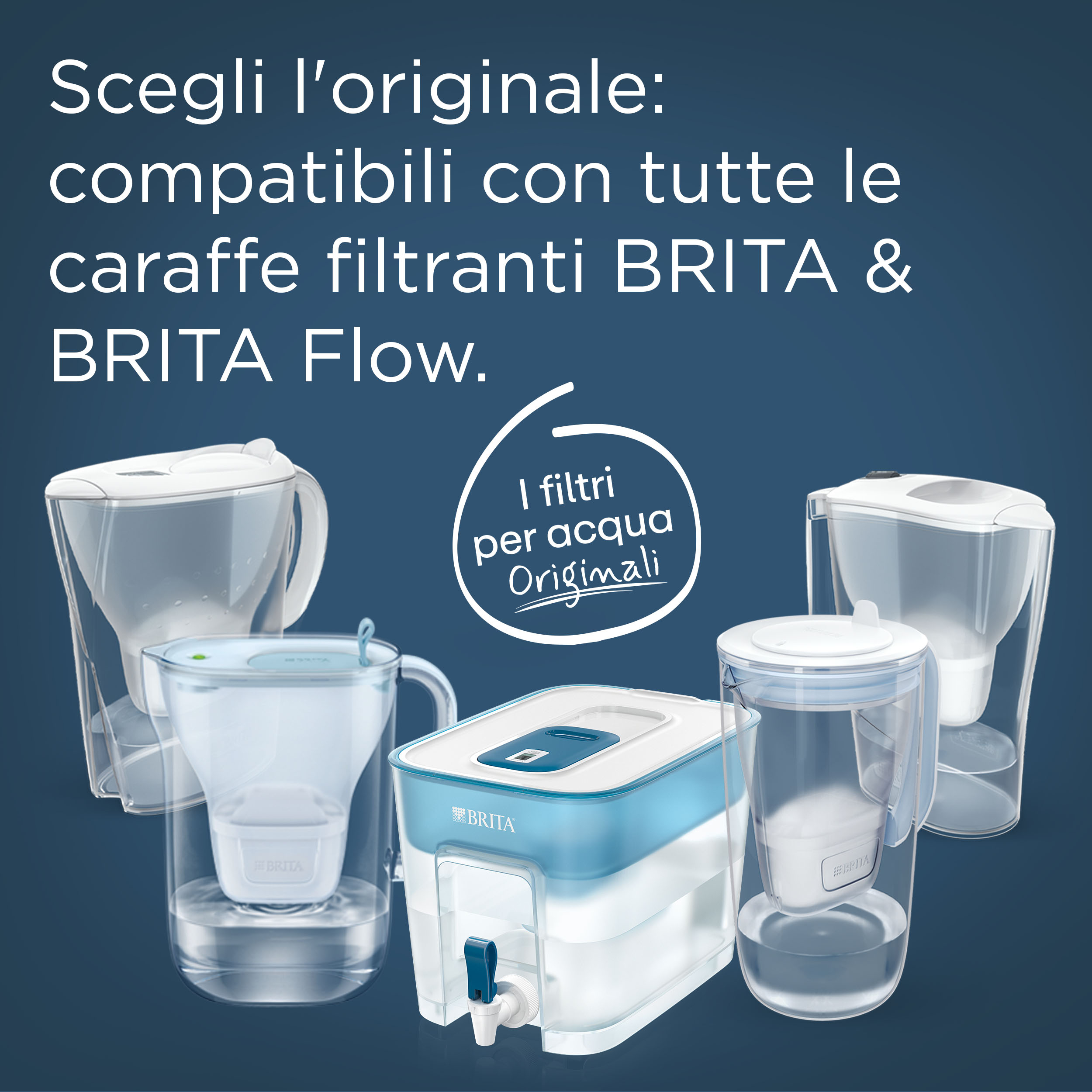 Das Bild zeigt BRITA Wasserfilter-Kannen. Der Text lautet: 'Wählen Sie das Original: kompatibel mit allen BRITA Filtern'.