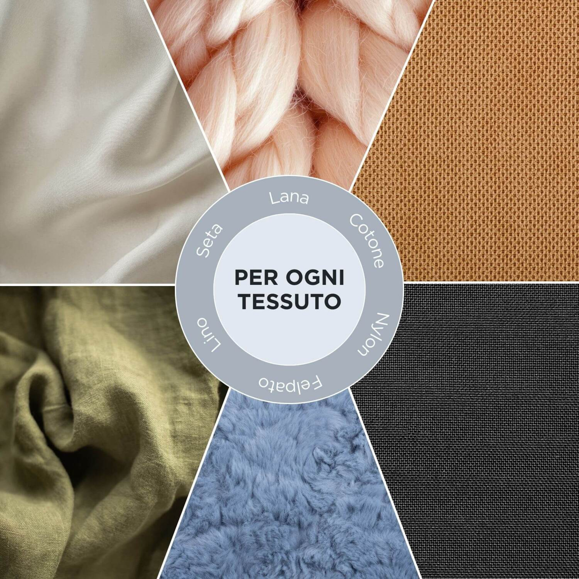 Obraz przedstawia próbki tkanin: jedwab, wełnę, bawełnę, nylon, filc i len. Centralne koło głosi: PER OGNI TESSUTO.