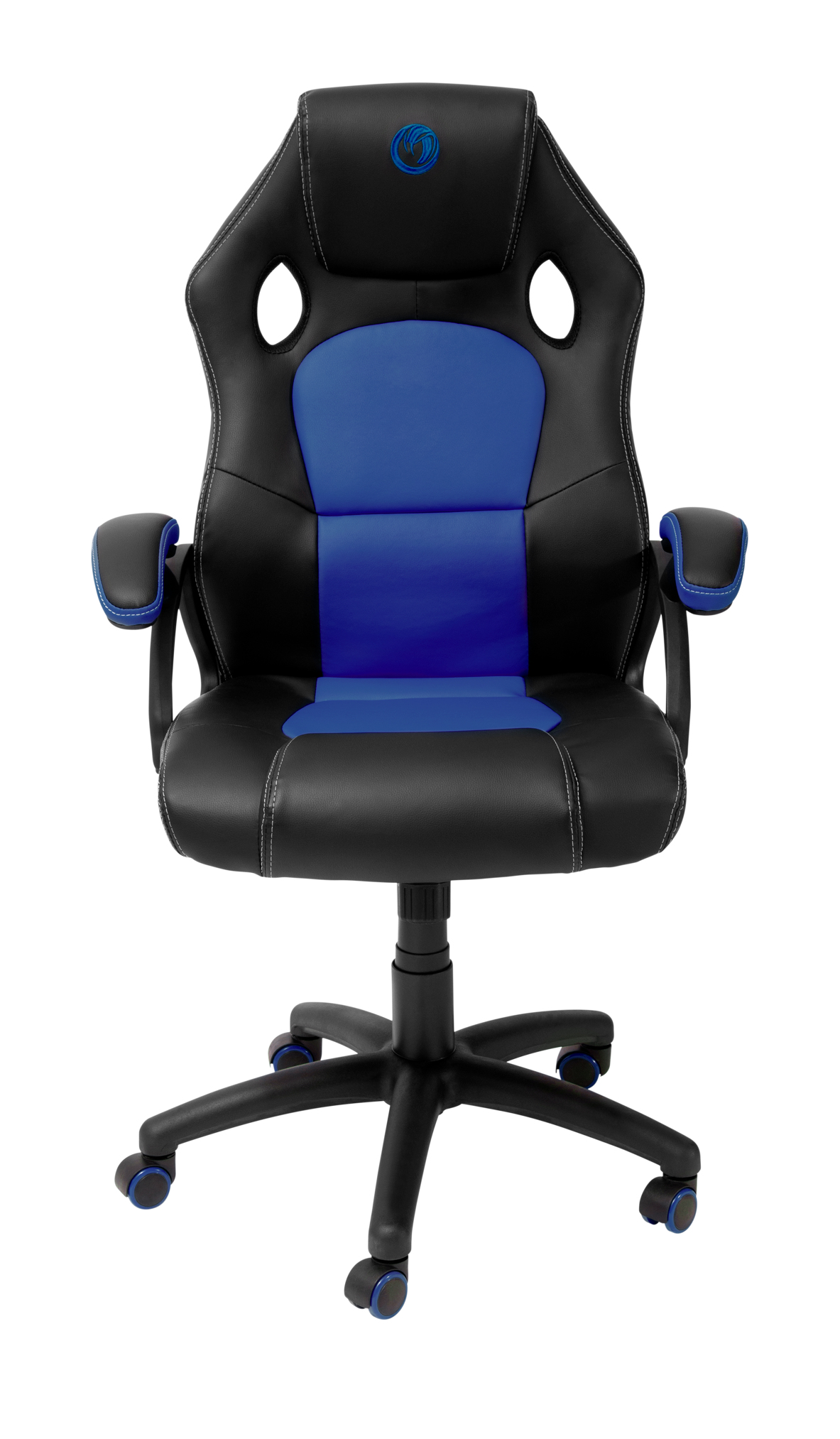 Ein schwarz-blauer Gaming-Stuhl auf weißem Hintergrund. Zu den Merkmalen gehören eine Kopfstütze, Armlehnen und ein Fünf-Sterne-Fuß mit Rollen.
