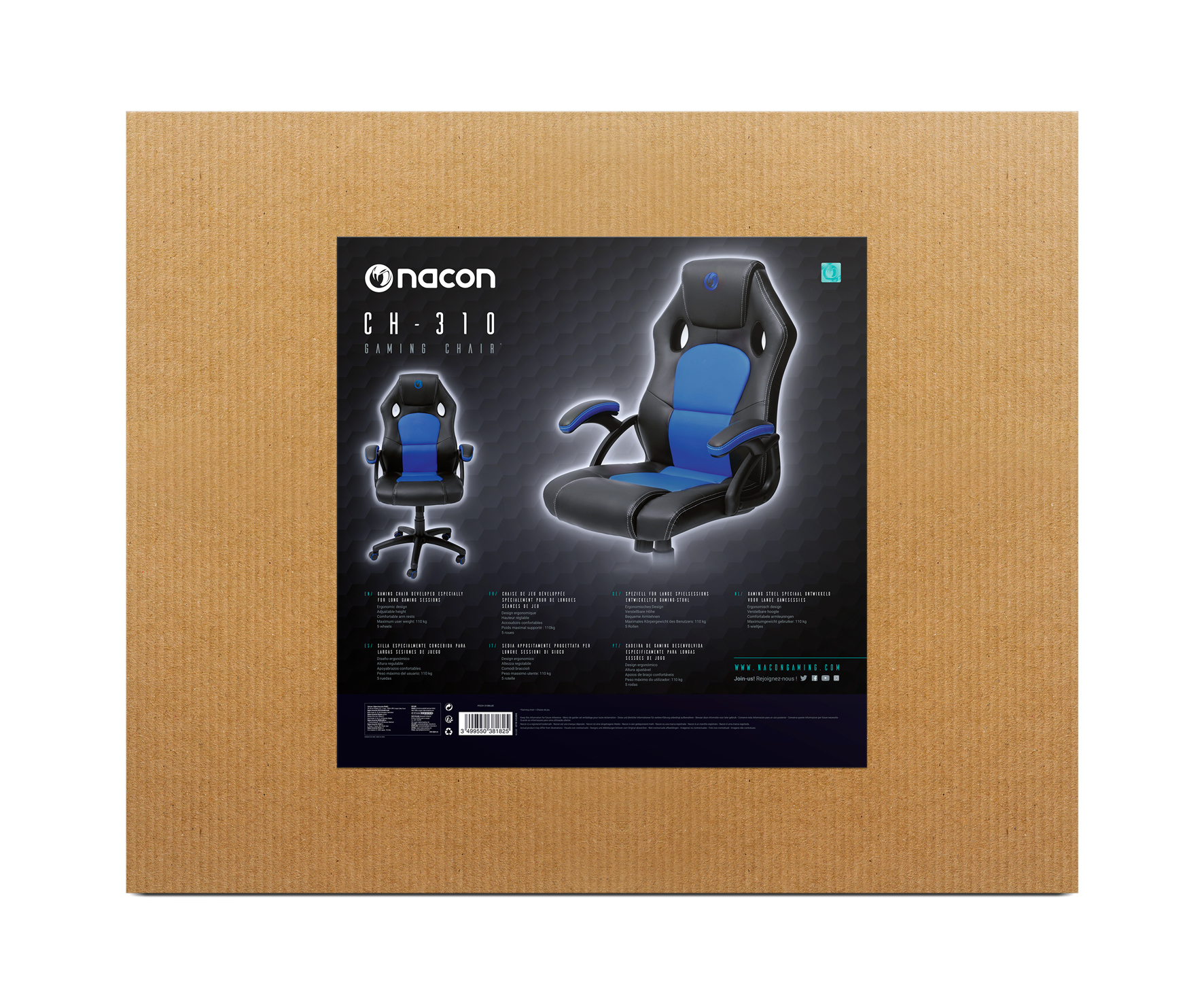 Karton mit einem Gaming-Stuhl-Bild. Der Stuhl ist schwarz und blau. Die Marke ist Nacon und das Modell CH-310.