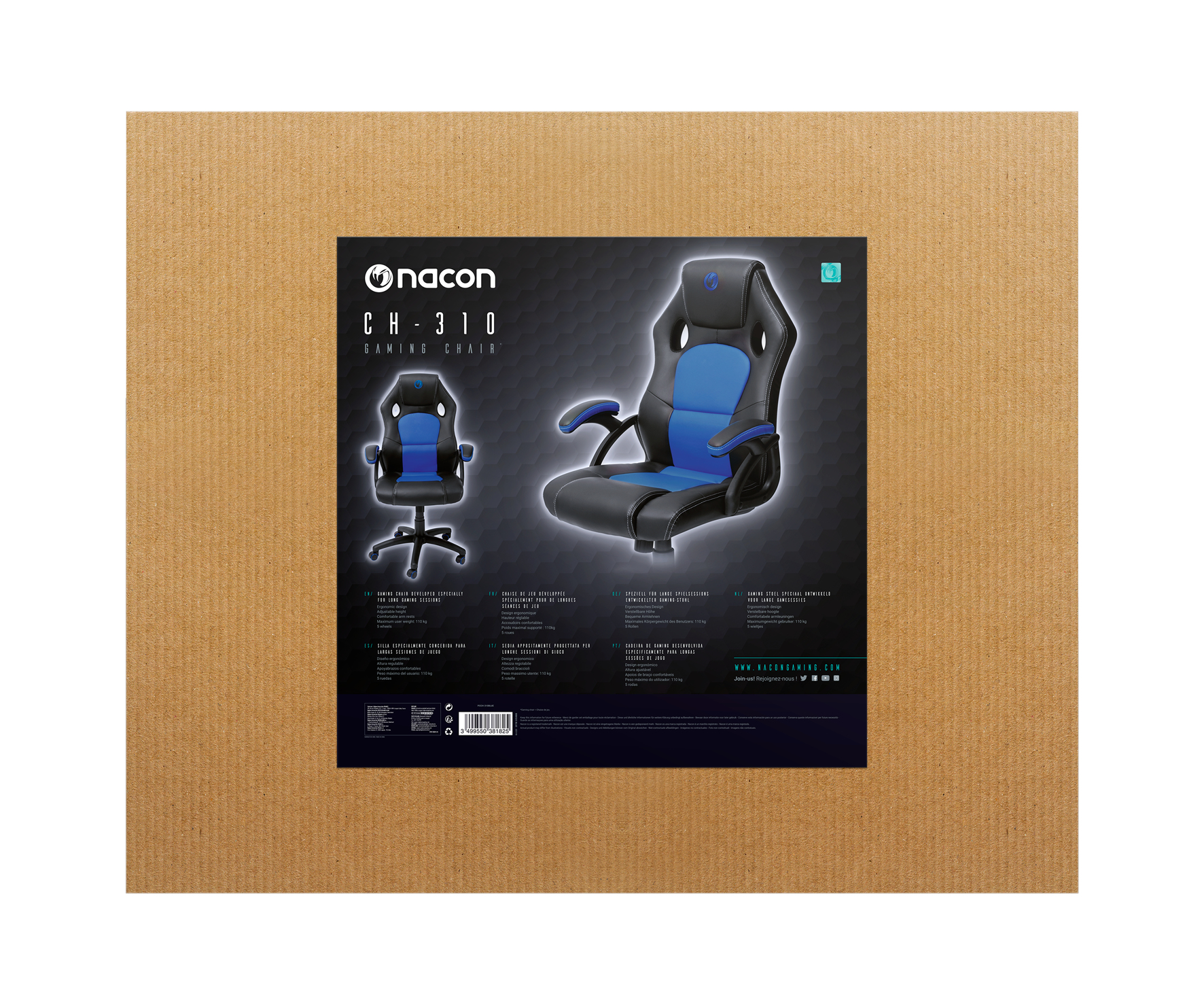 Ein Gaming-Stuhl auf einem Kartonhintergrund. Er ist schwarz und blau mit Armlehnen. Die Box zeigt den Stuhl und Markendetails.