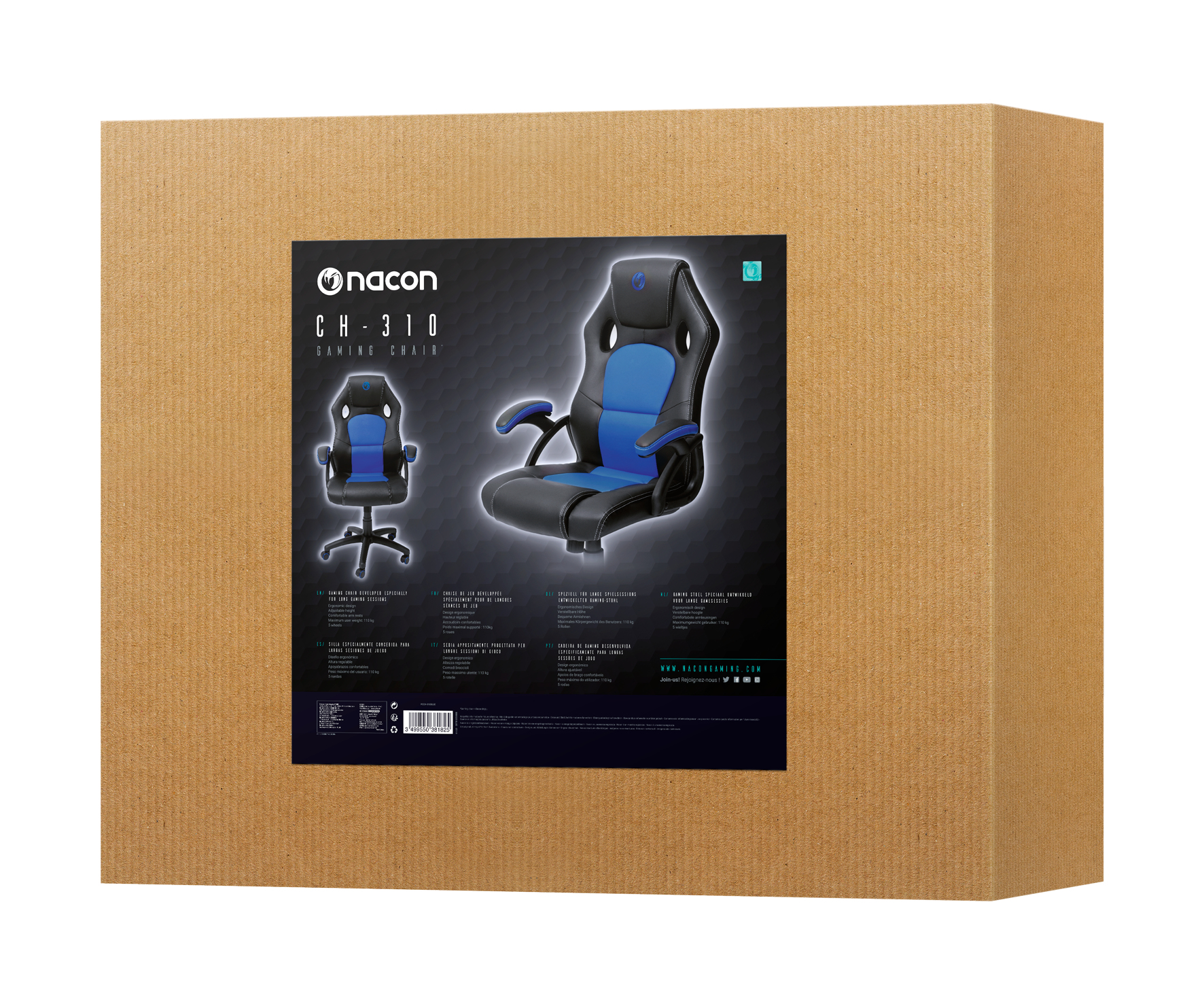 Karton mit einem Gaming-Stuhl-Bild. Der Stuhl ist schwarz und blau. Auf der Box steht 'nacon CH-310 GAMING CHAIR'.