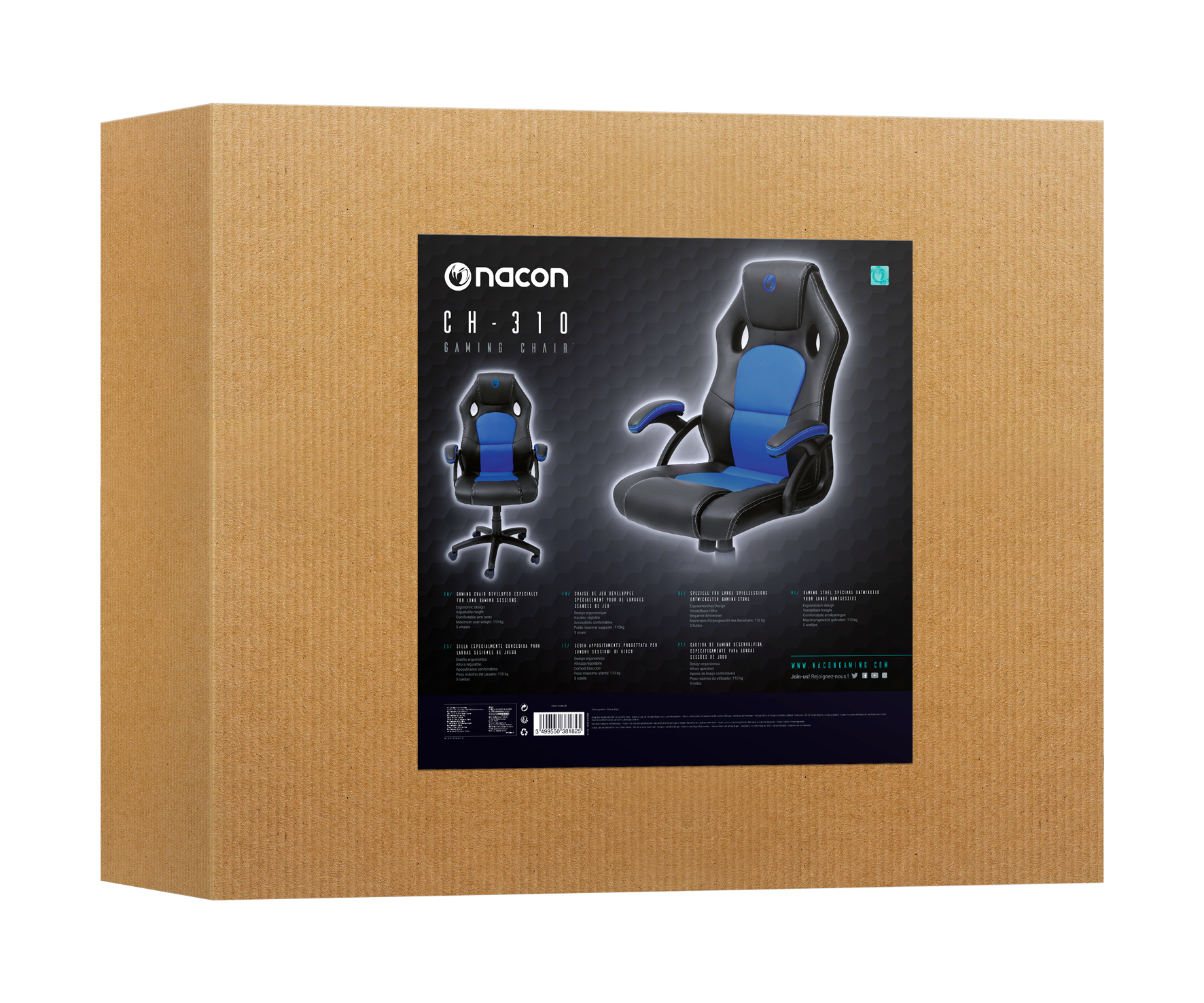 Ein Karton zeigt einen Gaming-Stuhl. Der Stuhl ist schwarz und blau. Text auf der Schachtel lautet 'nacon CH-310'.