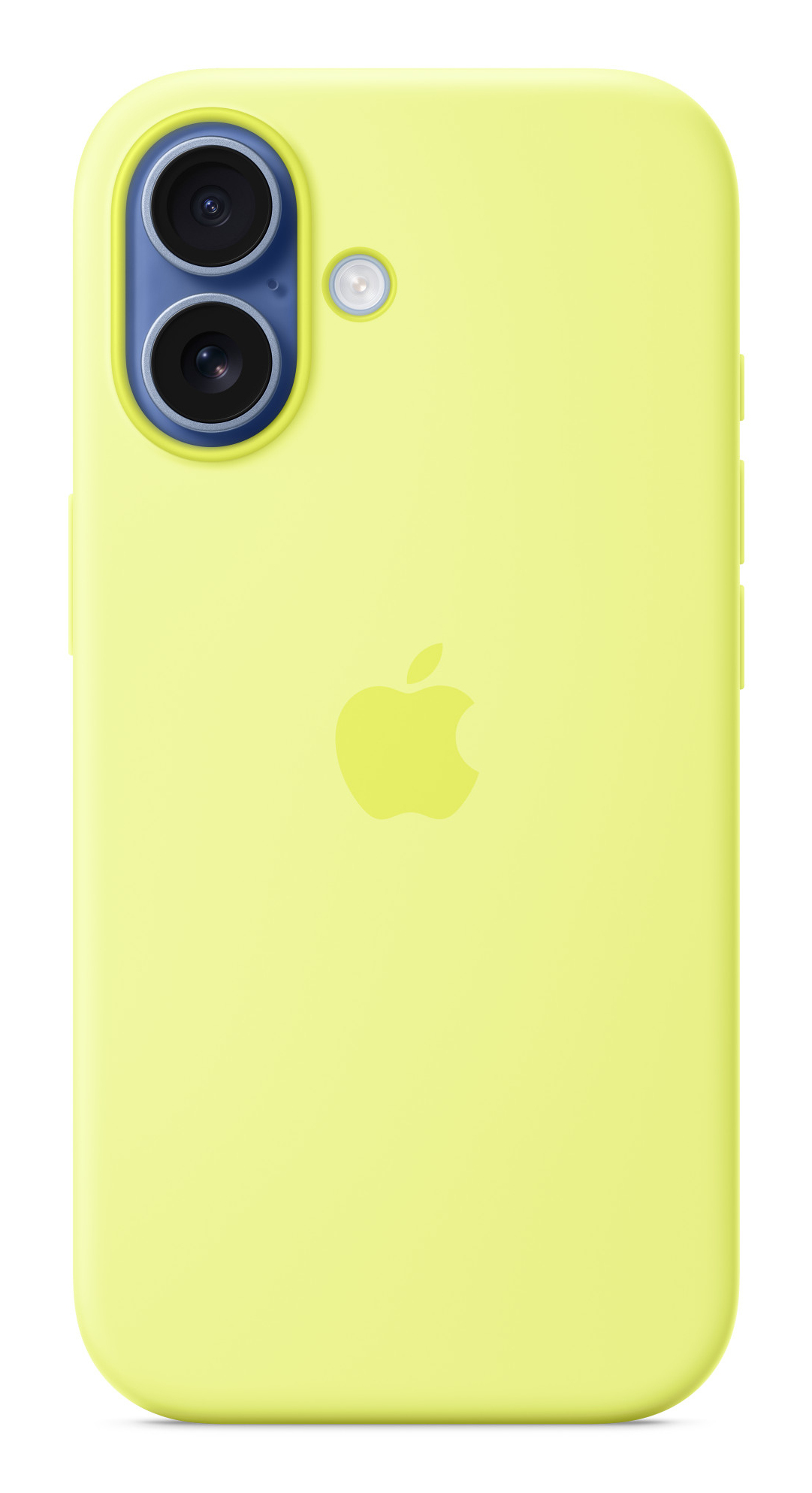 Eine gelbe iPhone-Hülle mit zwei Kameralinsen, einem Blitz und einem Apple-Logo.