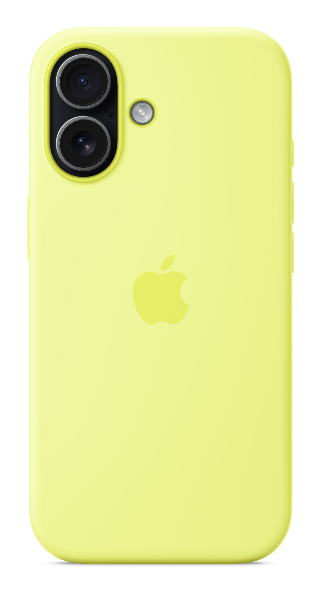 Eine gelbe iPhone-Hülle mit Dreifach-Kamera und Apple-Logo. Die Hülle ist glatt, der Hintergrund ist weiß.