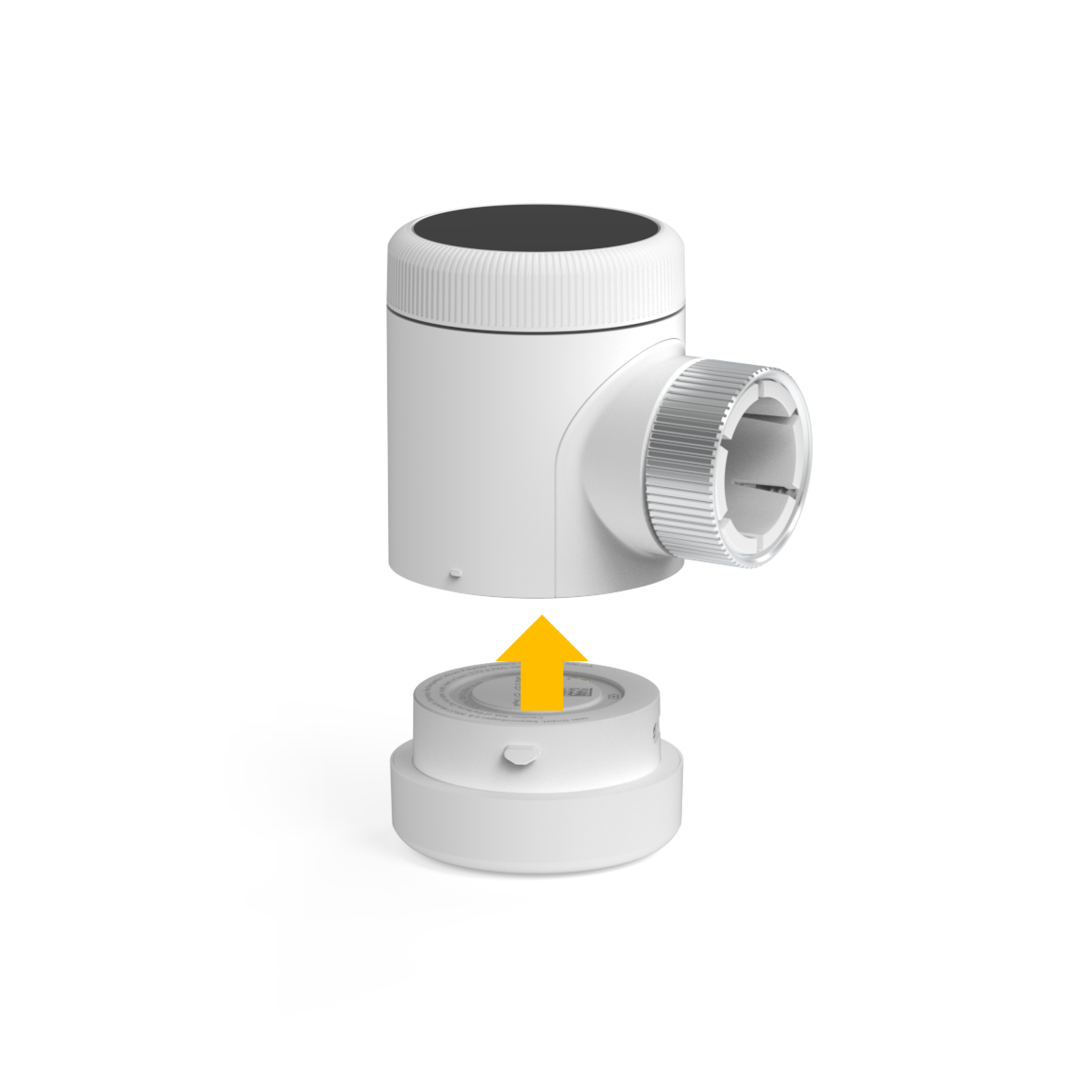 White electrical device with plug section, detached from the base. A yellow arrow indicates connection.