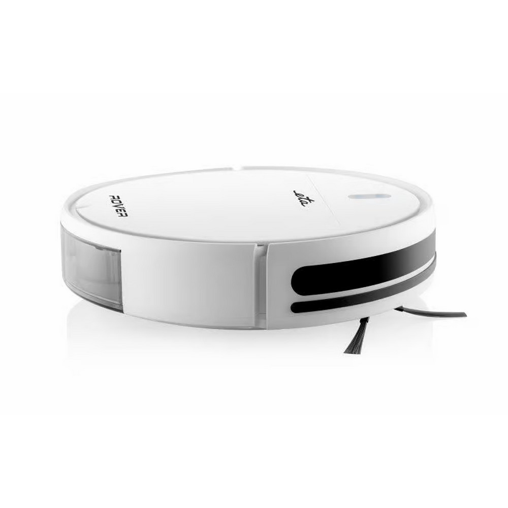 Ein weiß-schwarzer Roboter-Staubsauger. Er trägt die Markenbezeichnung 'eta' und 'rover'. Unten sind Bürsten angebracht.