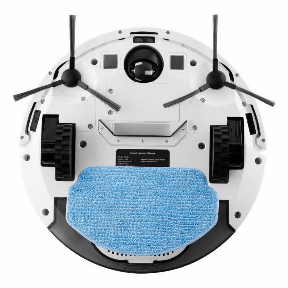 Ein weißer Roboter-Staubsauger, von unten gesehen. Er hat zwei schwarze Bürsten, Räder und ein blaues Reinigungspad.