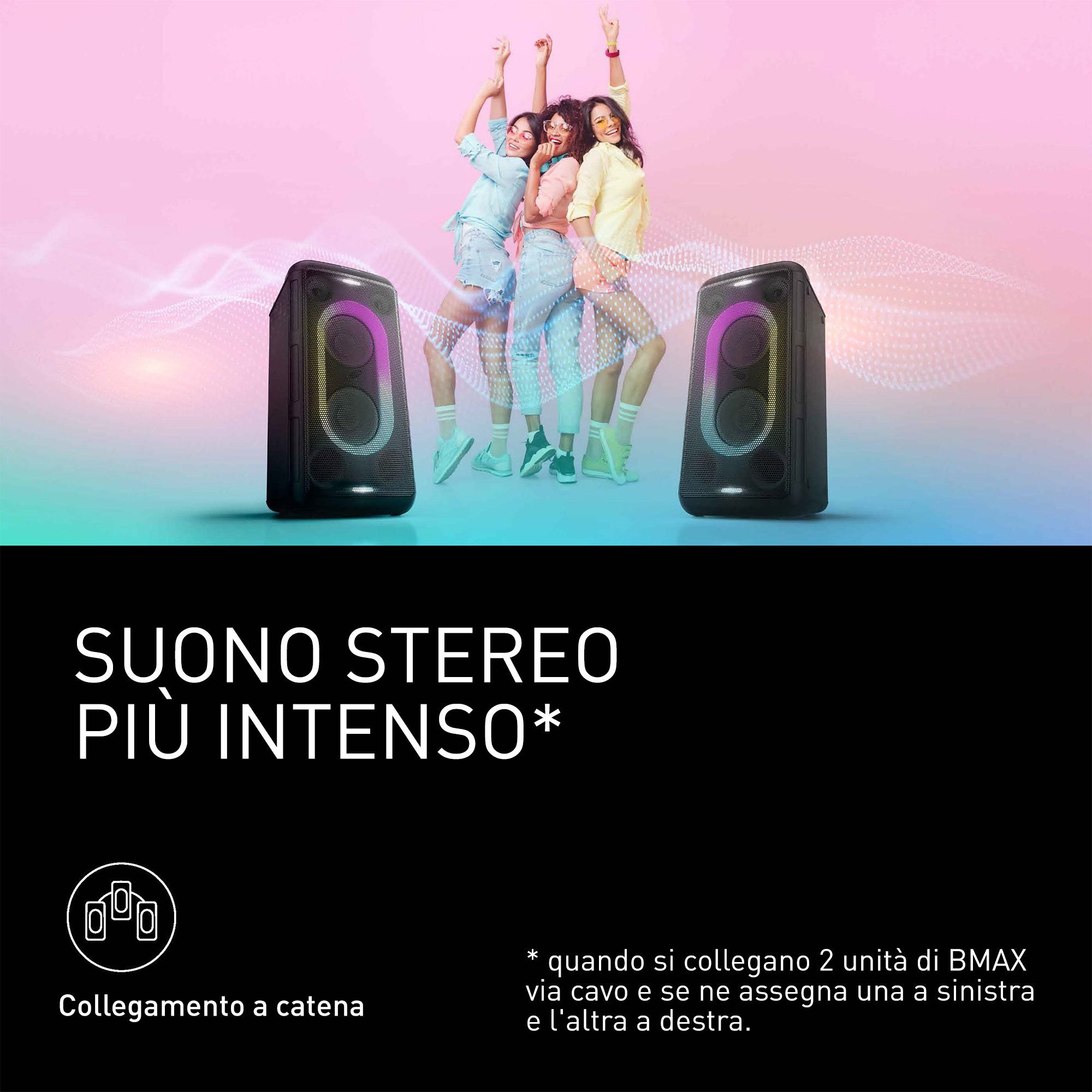 Trzy osoby tańczą między dwoma głośnikami. Różowe i fioletowe światła na głośnikach. Tekst mówi: 'Dźwięk stereo'.