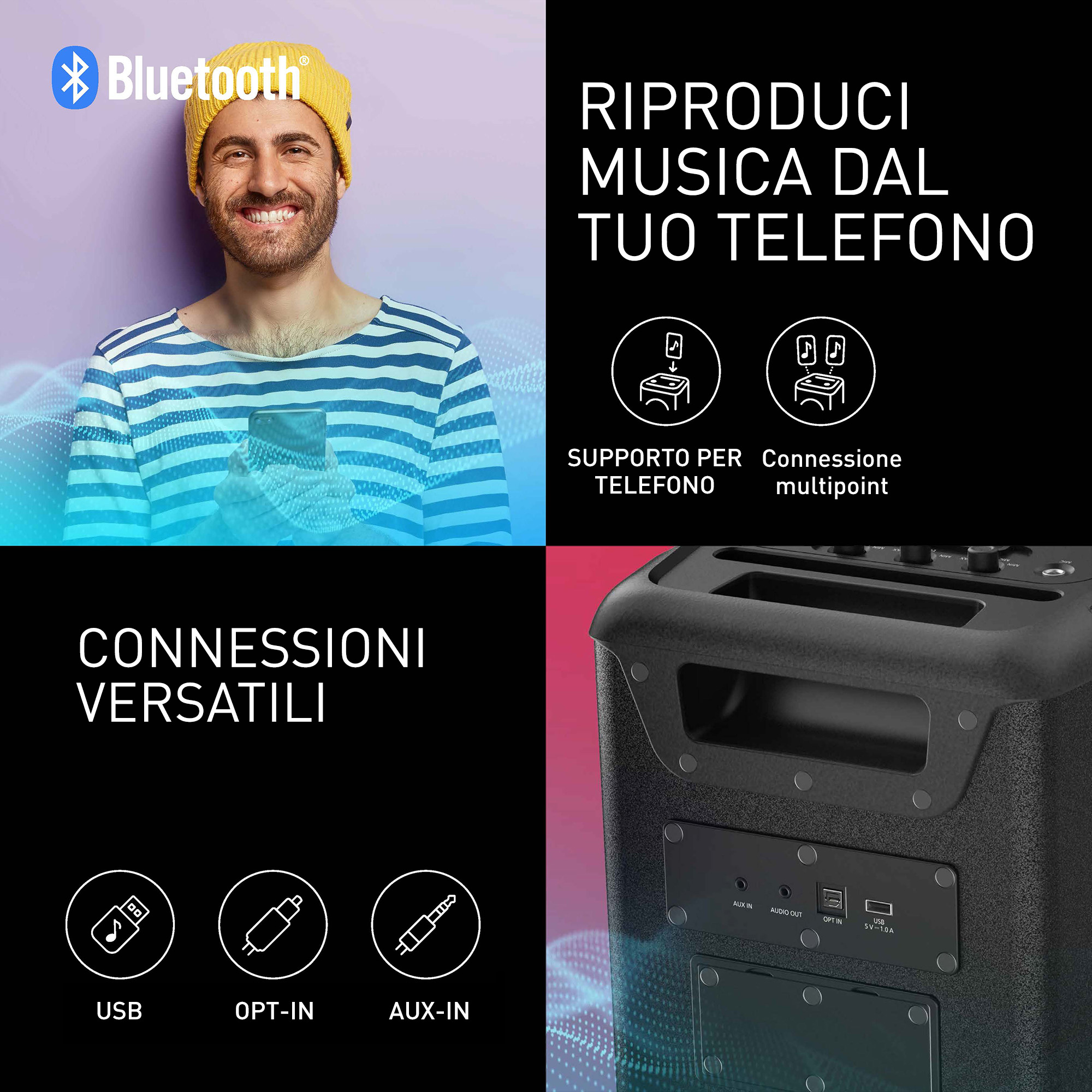 Mężczyzna w żółtej czapce, logo Bluetooth, głośnik z połączeniami i włoski tekst o muzyce.