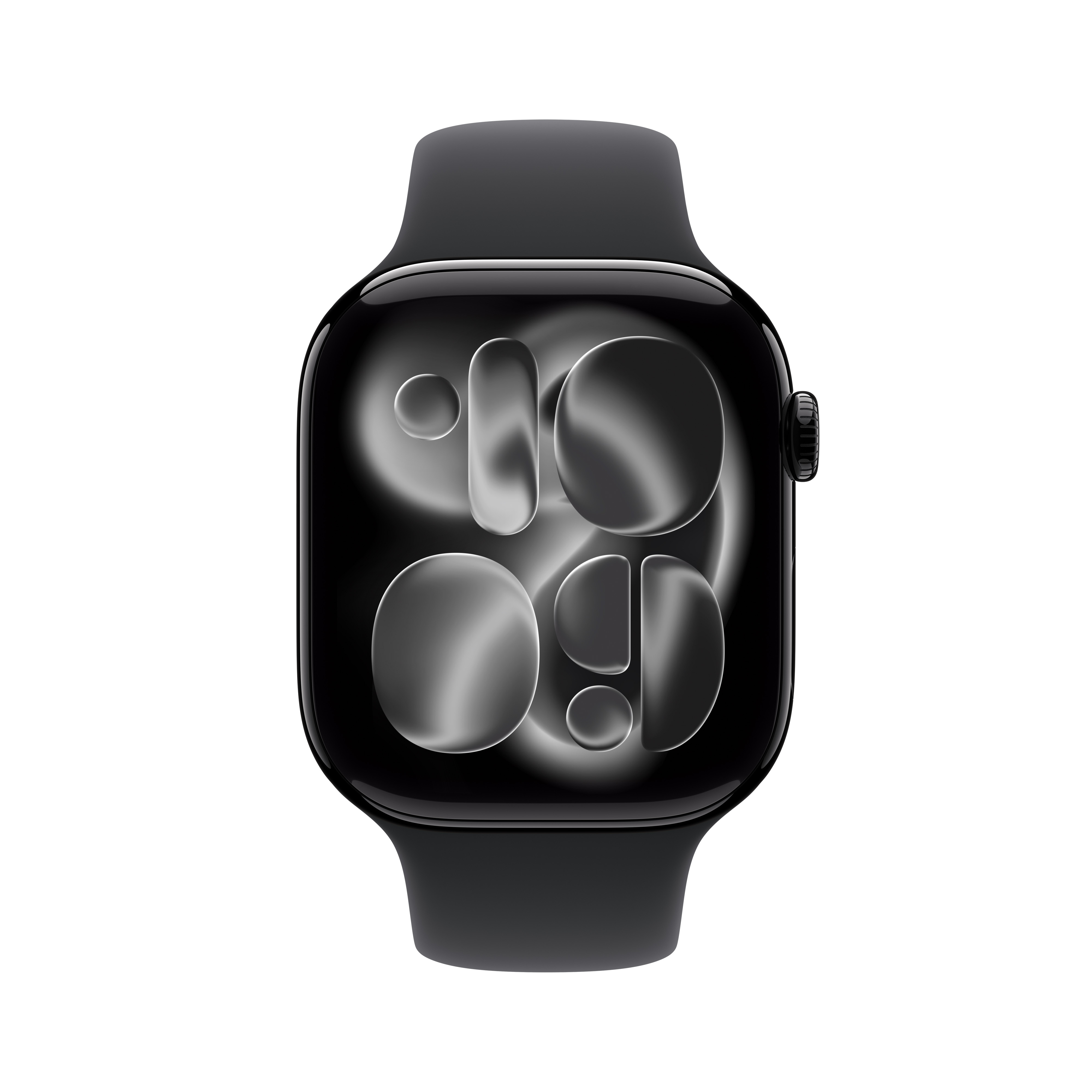 Un Apple Watch nero su sfondo bianco. Il quadrante mostra l'ora, con numeri in gradiente.