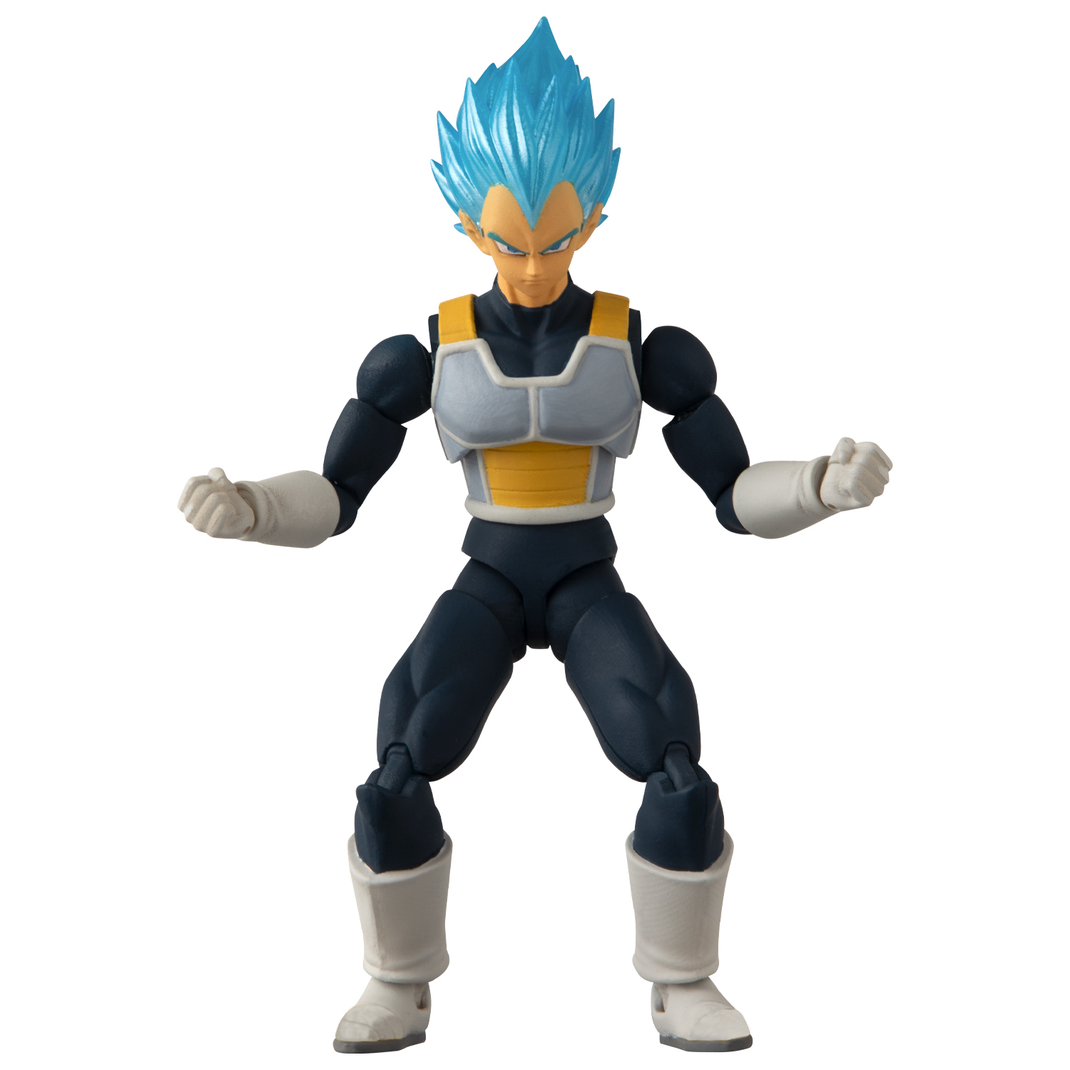 Una action figure di Vegeta con capelli blu è in posa da combattimento. Indossa un abito scuro con un'armatura bianca e gialla.