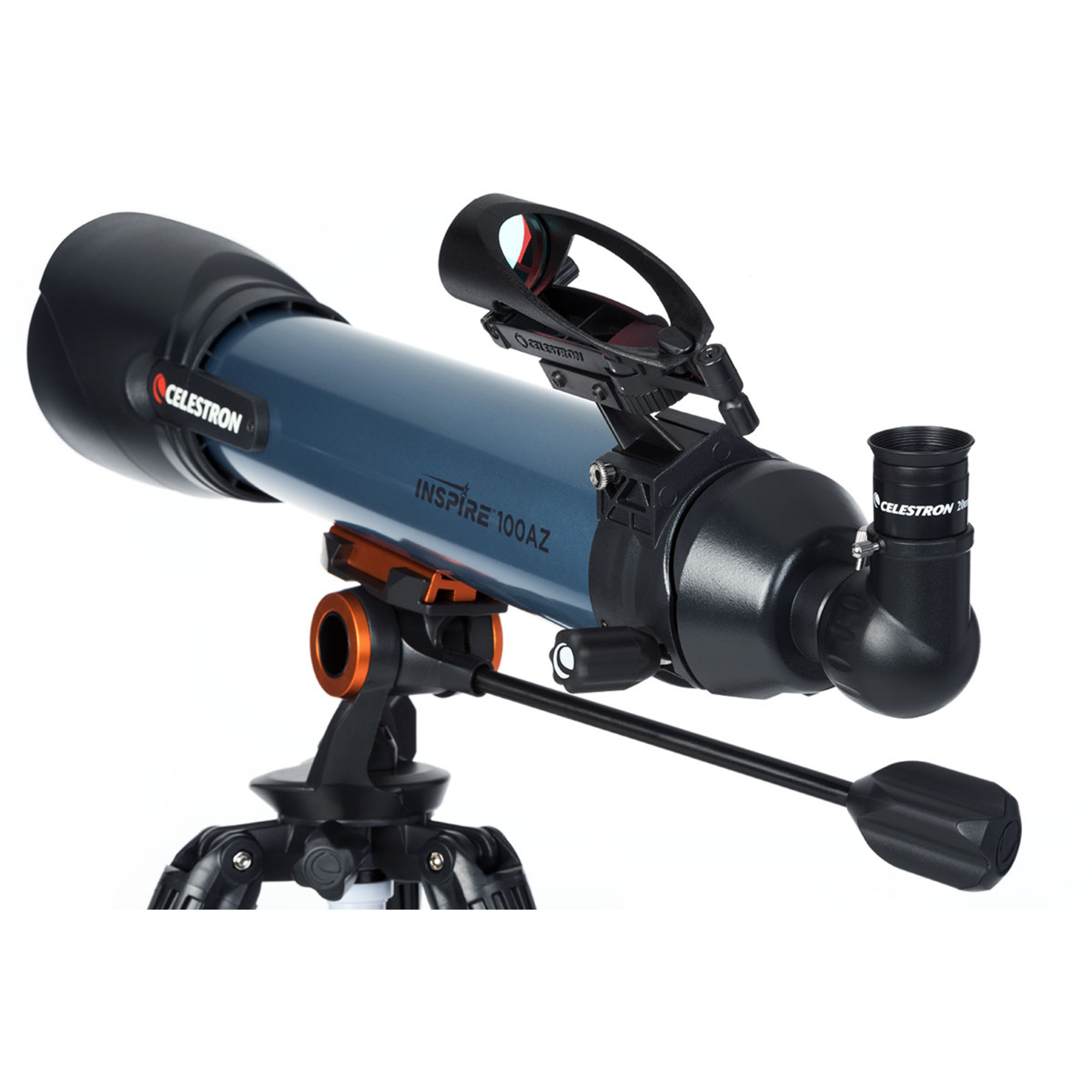 Ein Celestron Inspire 100AZ Teleskop auf einem Stativ. Es hat ein blaues Rohr und schwarzen Ständer mit orangefarbenen Akzenten.