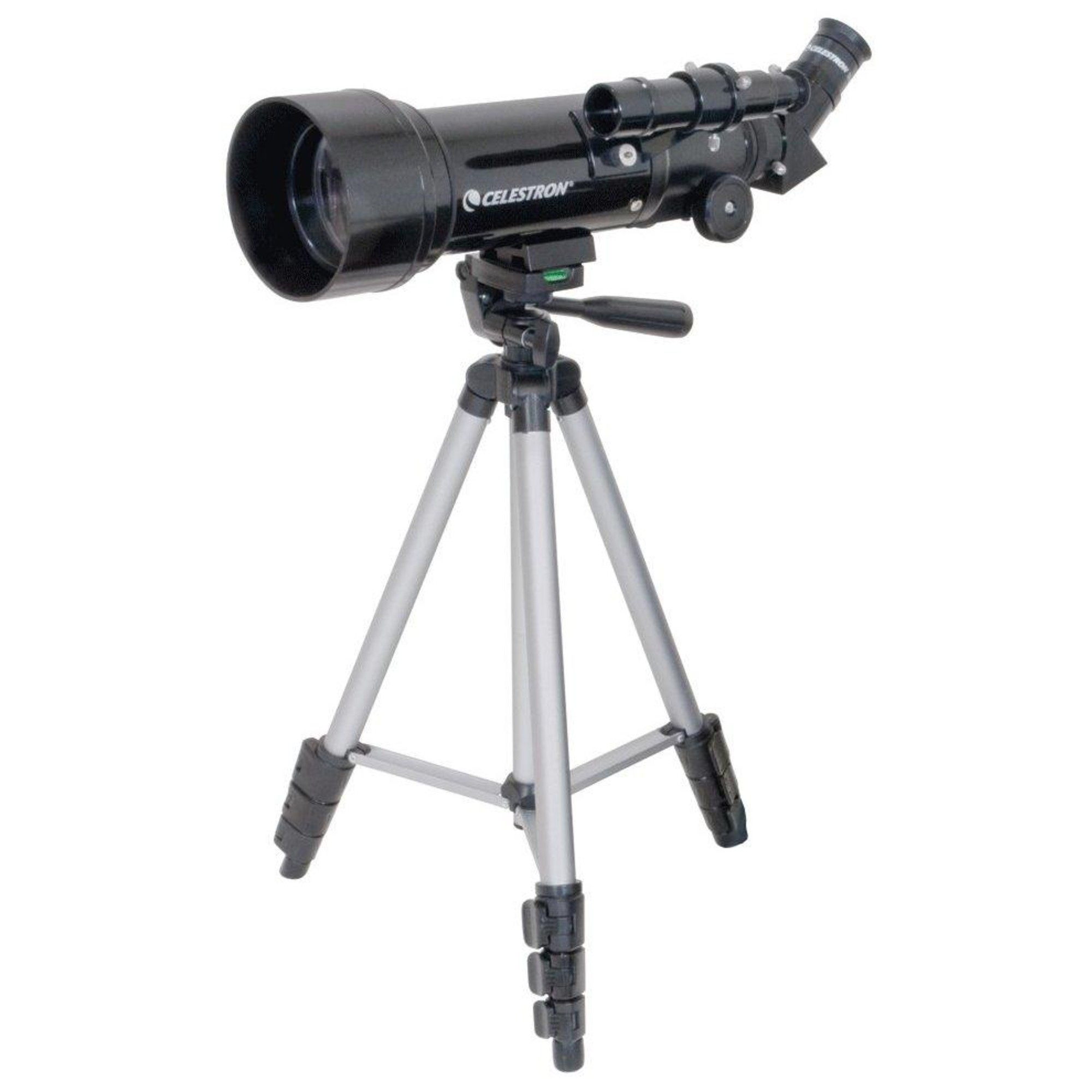 Ein schwarzes Celestron-Teleskop auf einem silbernen Stativ. Der Hintergrund ist weiß.