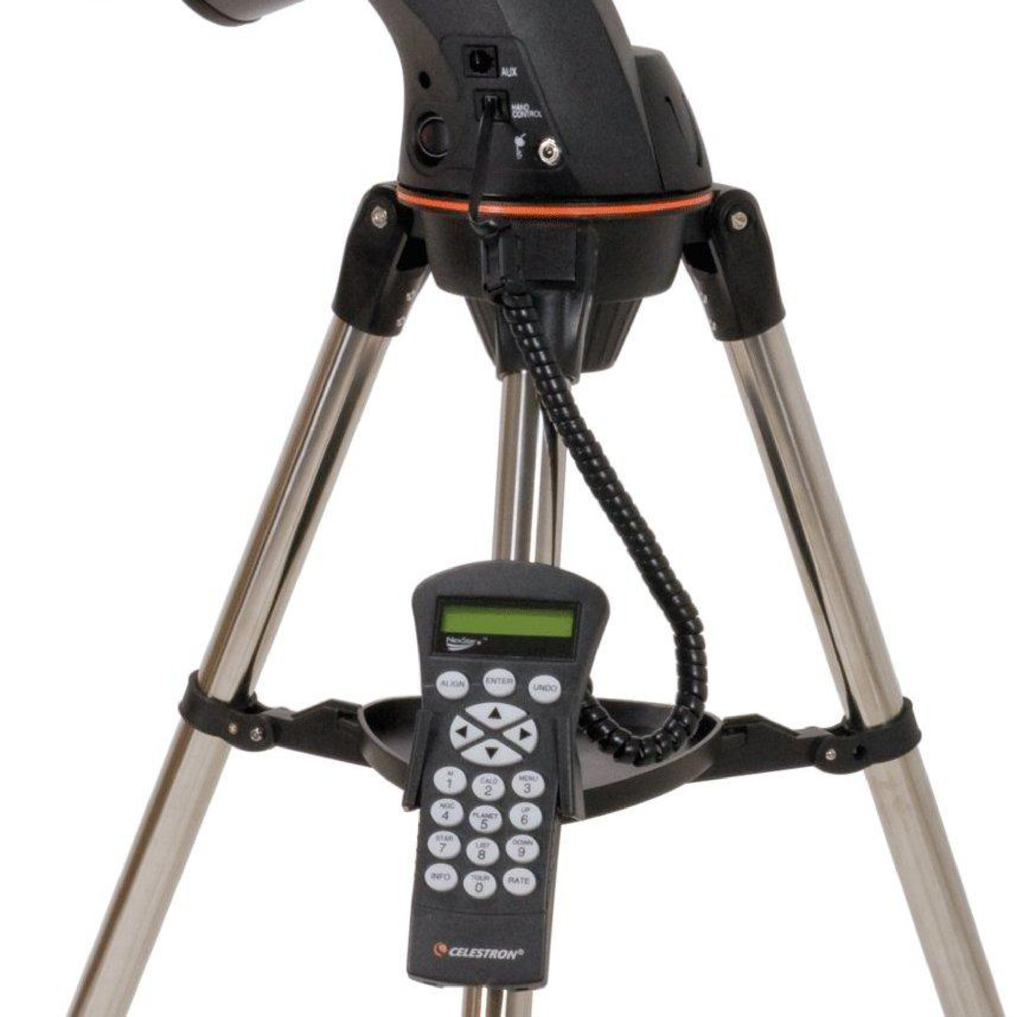 Ein Teleskop auf einem Stativ. Ein Bedienfeld mit Knöpfen und einem Bildschirm ist am Stativ befestigt.
