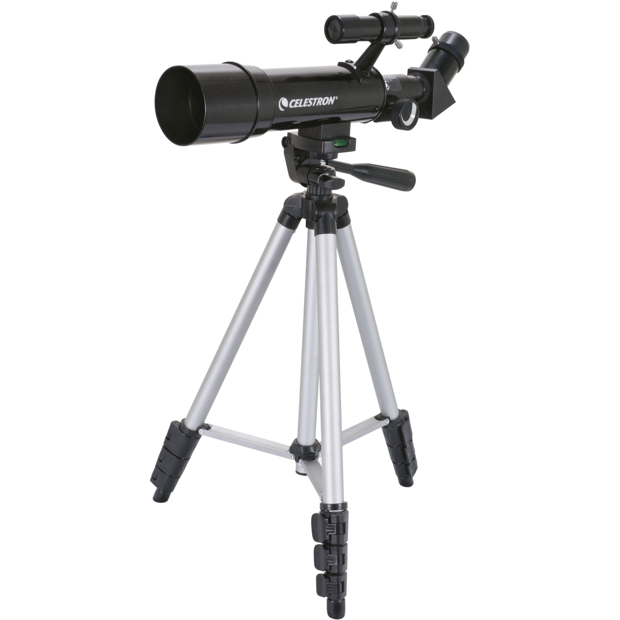 Ein schwarzes Celestron-Teleskop auf einem silbernen Stativ. Der Hintergrund ist weiß.
