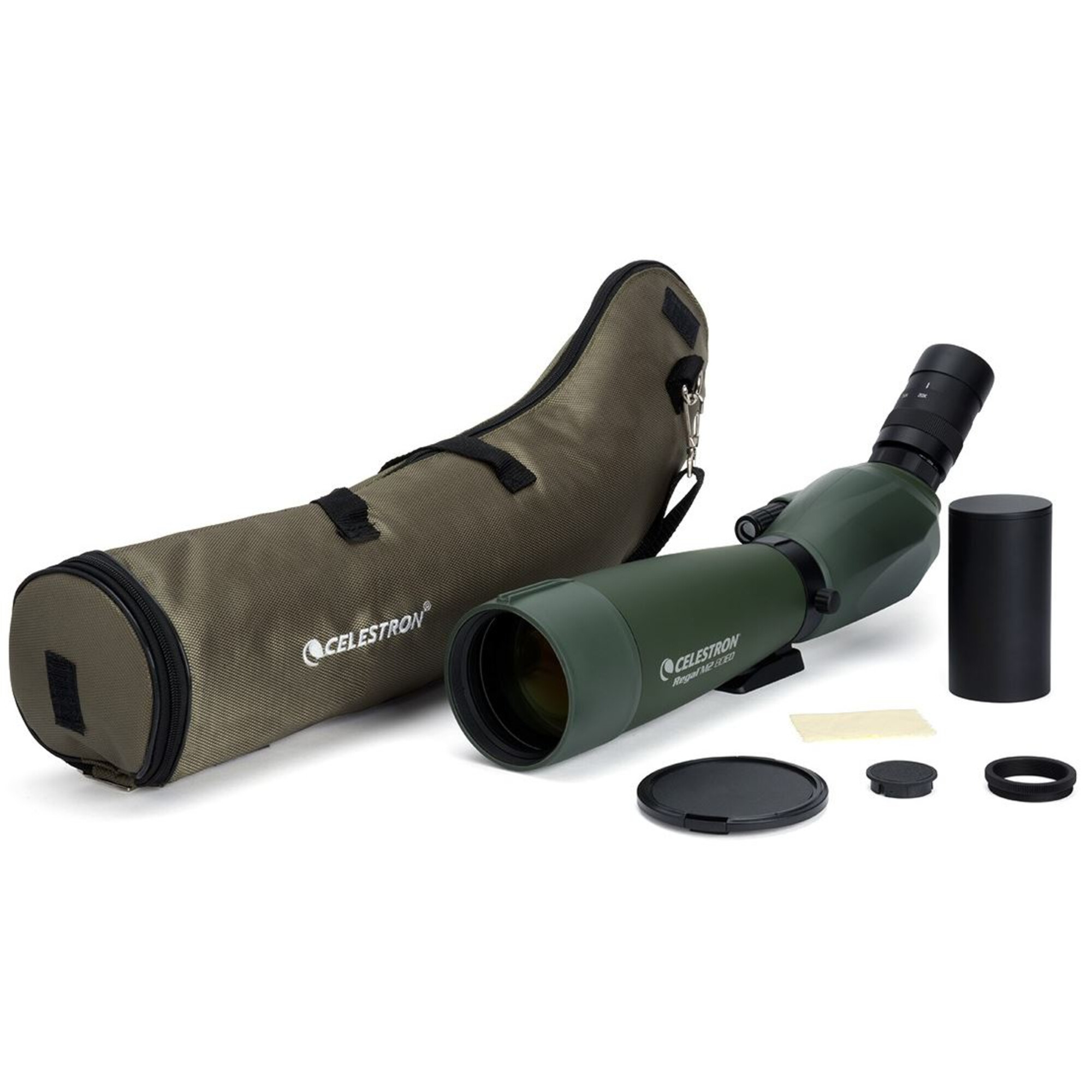 Ein grünes Celestron-Spektiv mit Hülle, Zubehör und einem schwarzen Zylinder auf weißem Untergrund.