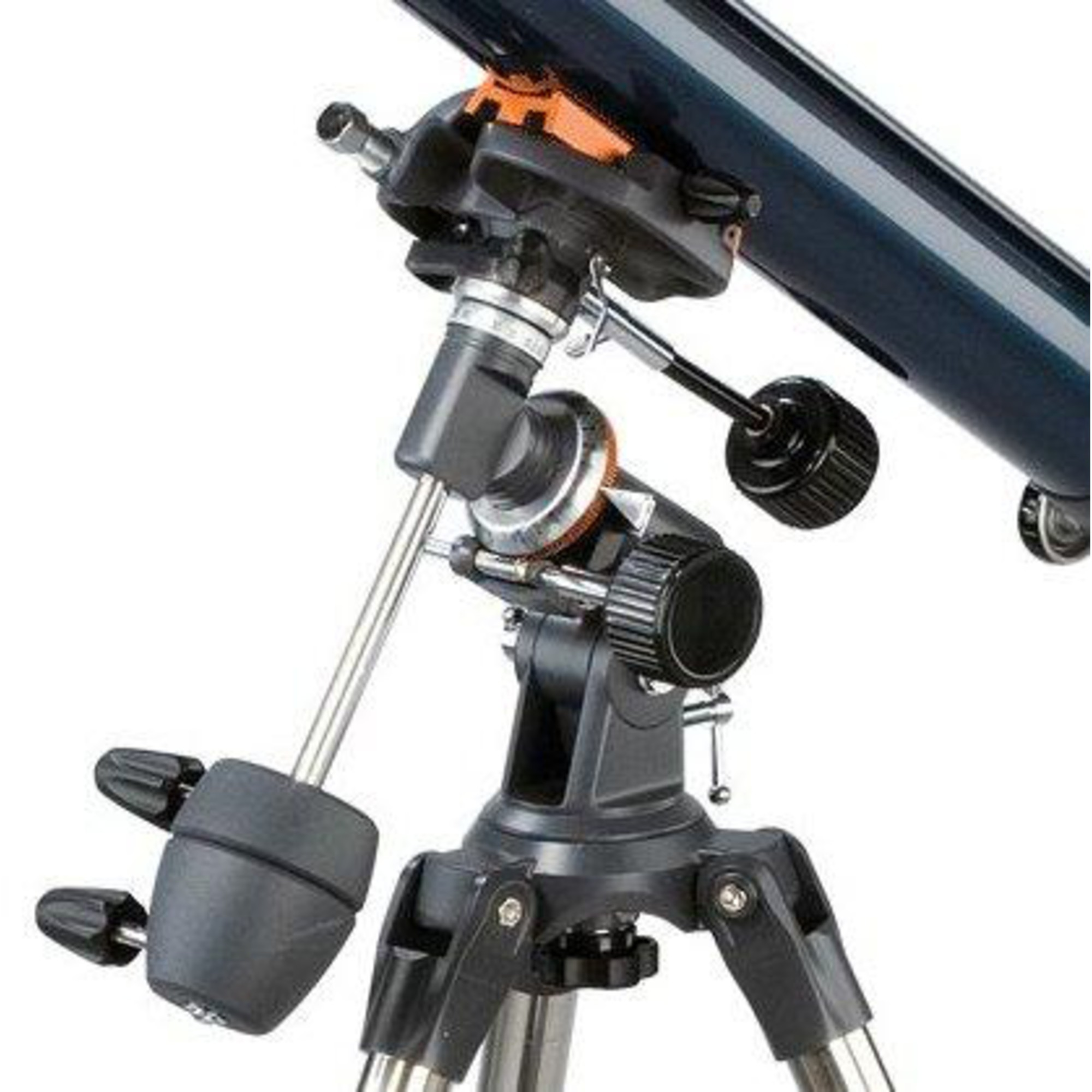 Ein Teleskop auf einem Stativ. Das Teleskop ist dunkelblau, das Stativ ist schwarz und hat silberne Metalldetails.