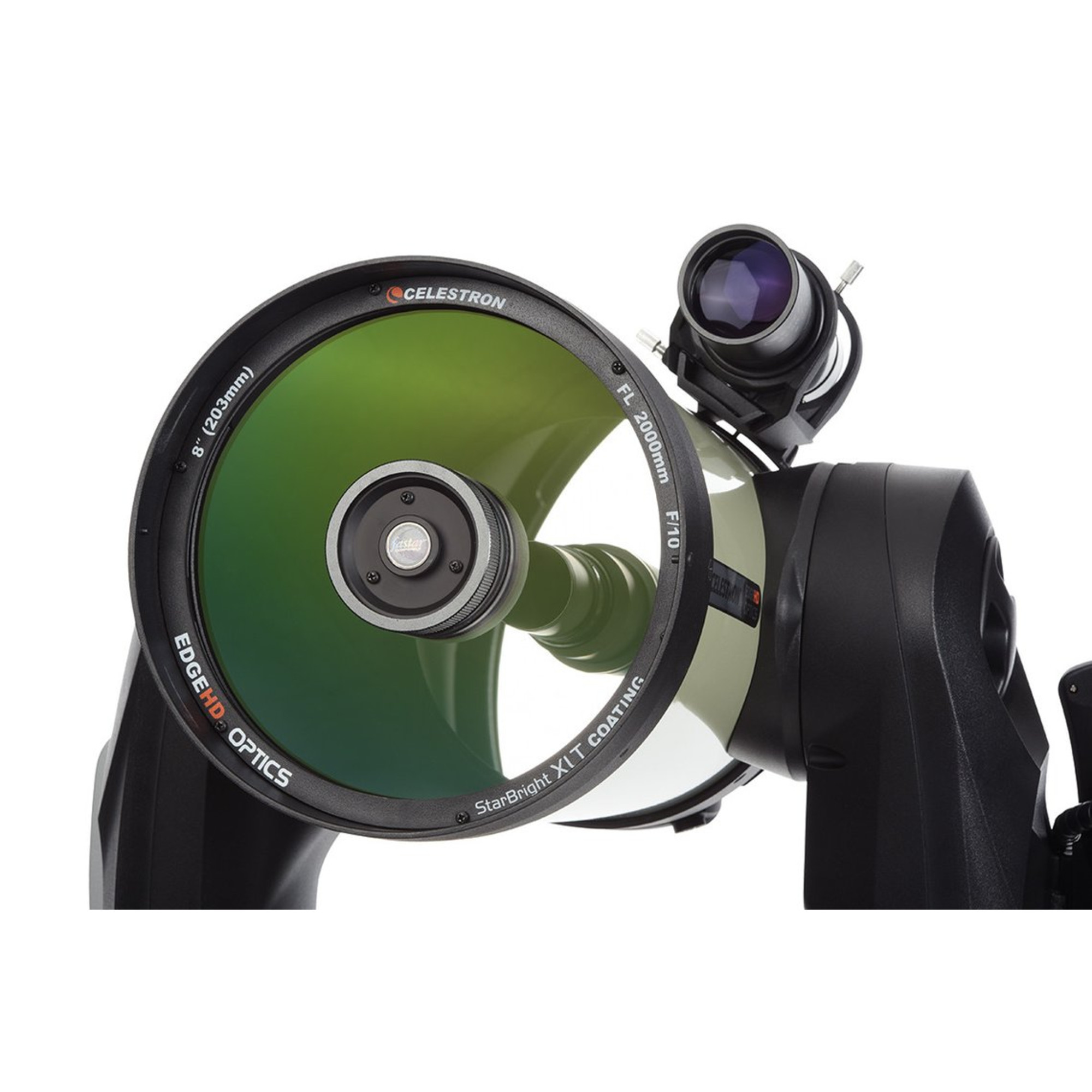 Ein Celestron-Teleskop mit grüner Linse. Es hat einen schwarzen Körper und ein angebrachtes Okular.