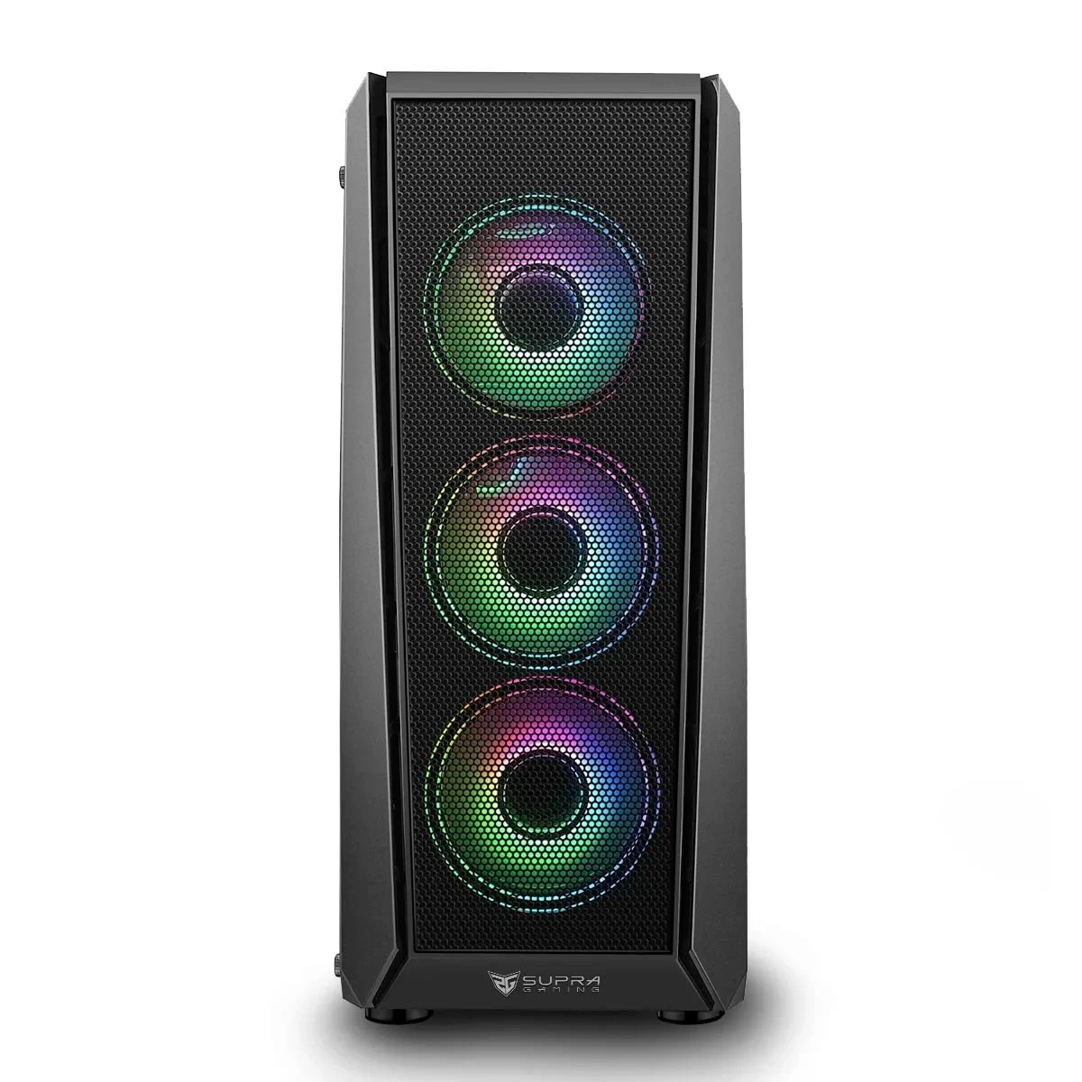 Carcasa de ordenador negra con tres ventiladores iluminados que muestran colores del arcoíris. La carcasa tiene el logotipo de Supra Gaming.