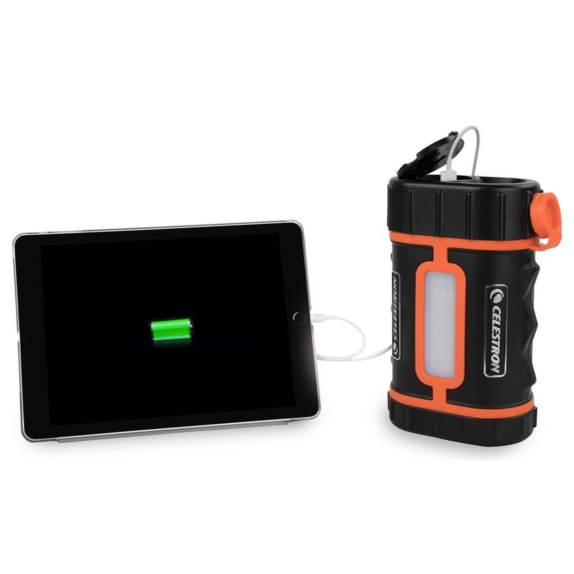 Tablet wird geladen mit grünem Akkusymbol. Daneben eine schwarz-orange Taschenlampe.