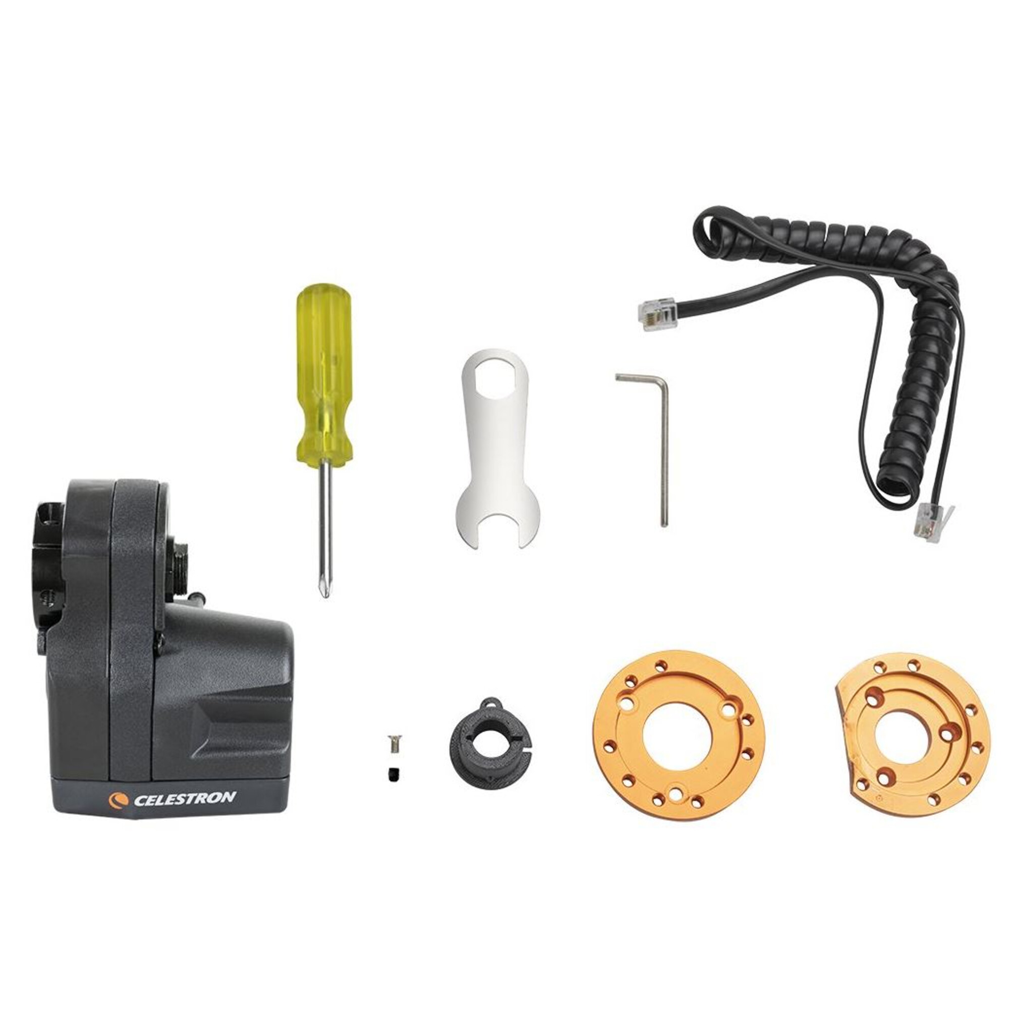 Das Bild zeigt Teleskopteile: einen Motor, einen Schraubendreher, einen Schraubenschlüssel, einen Inbusschlüssel und Metallringe.