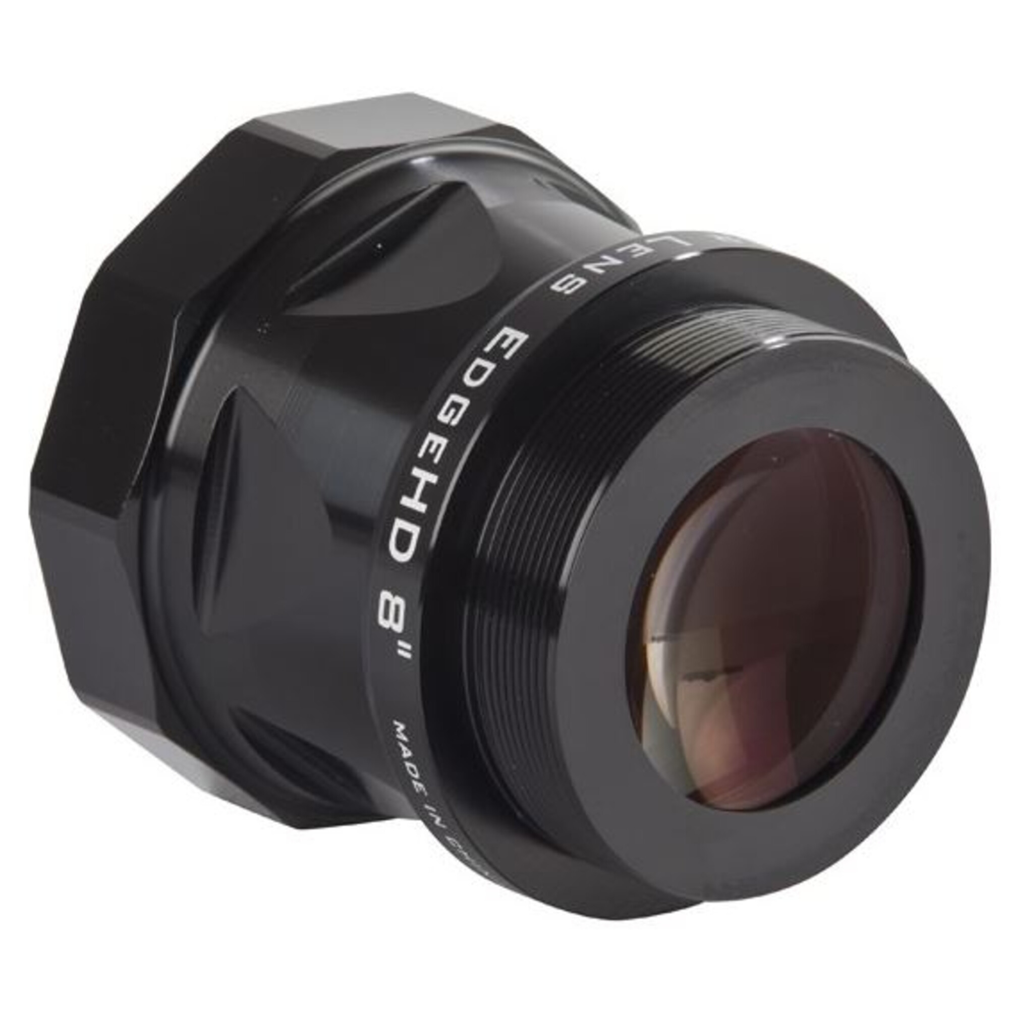 Schwarze Linse mit "EDGEHD 8" Text, hergestellt in China. Die Linse hat ein dunkles Inneres und einen Ring vorne.