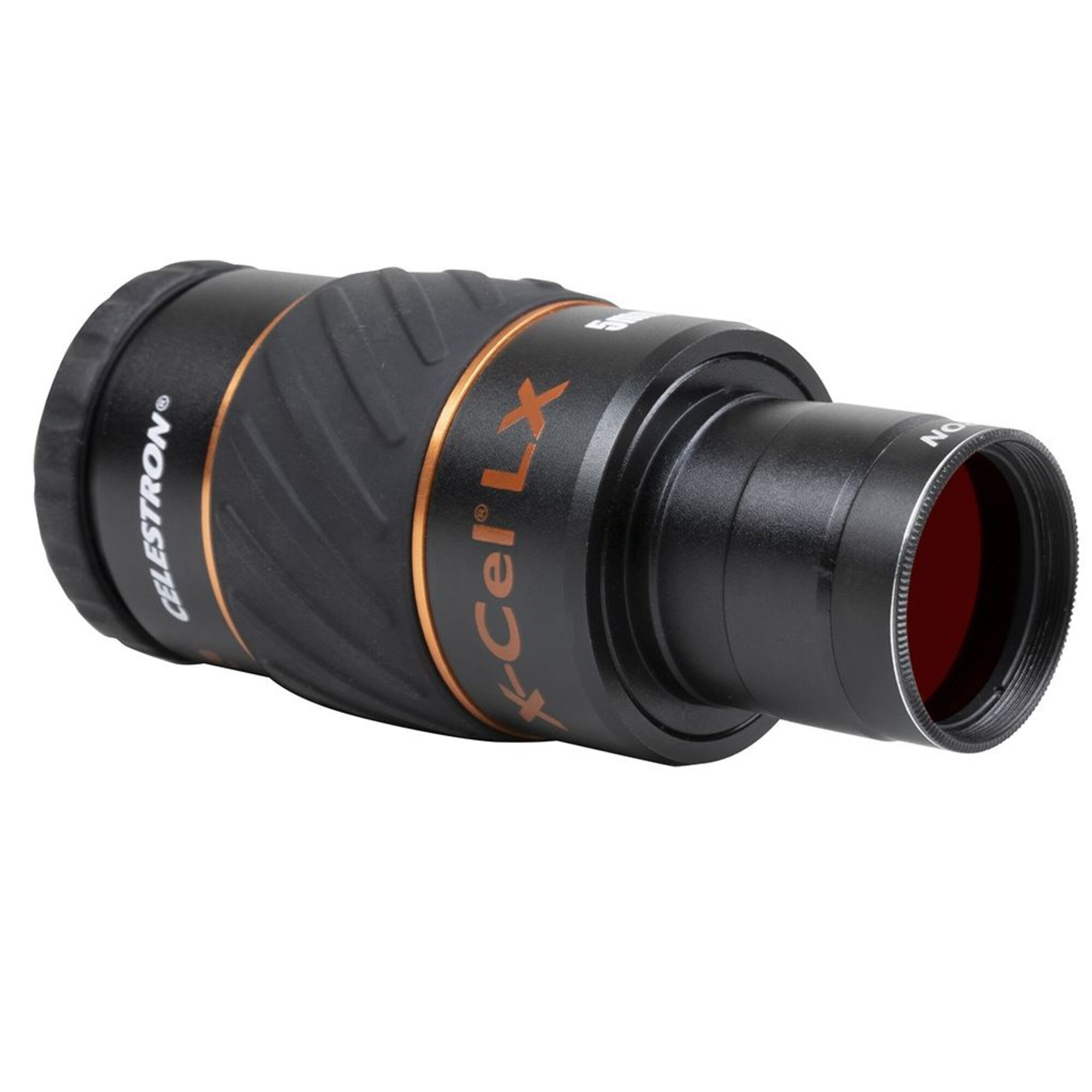 Schwarzes Celestron-Teleskopokular mit orangefarbenen Akzenten. Es hat eine rote Linse und einen weißen Hintergrund.