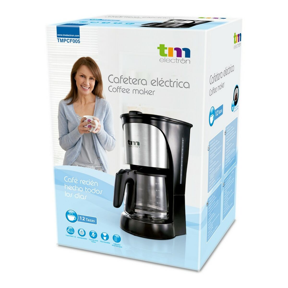 Una caja de cafetera con una mujer sosteniendo una taza. La caja tiene una imagen de una cafetera y el texto 'Cafetera eléctrica'.