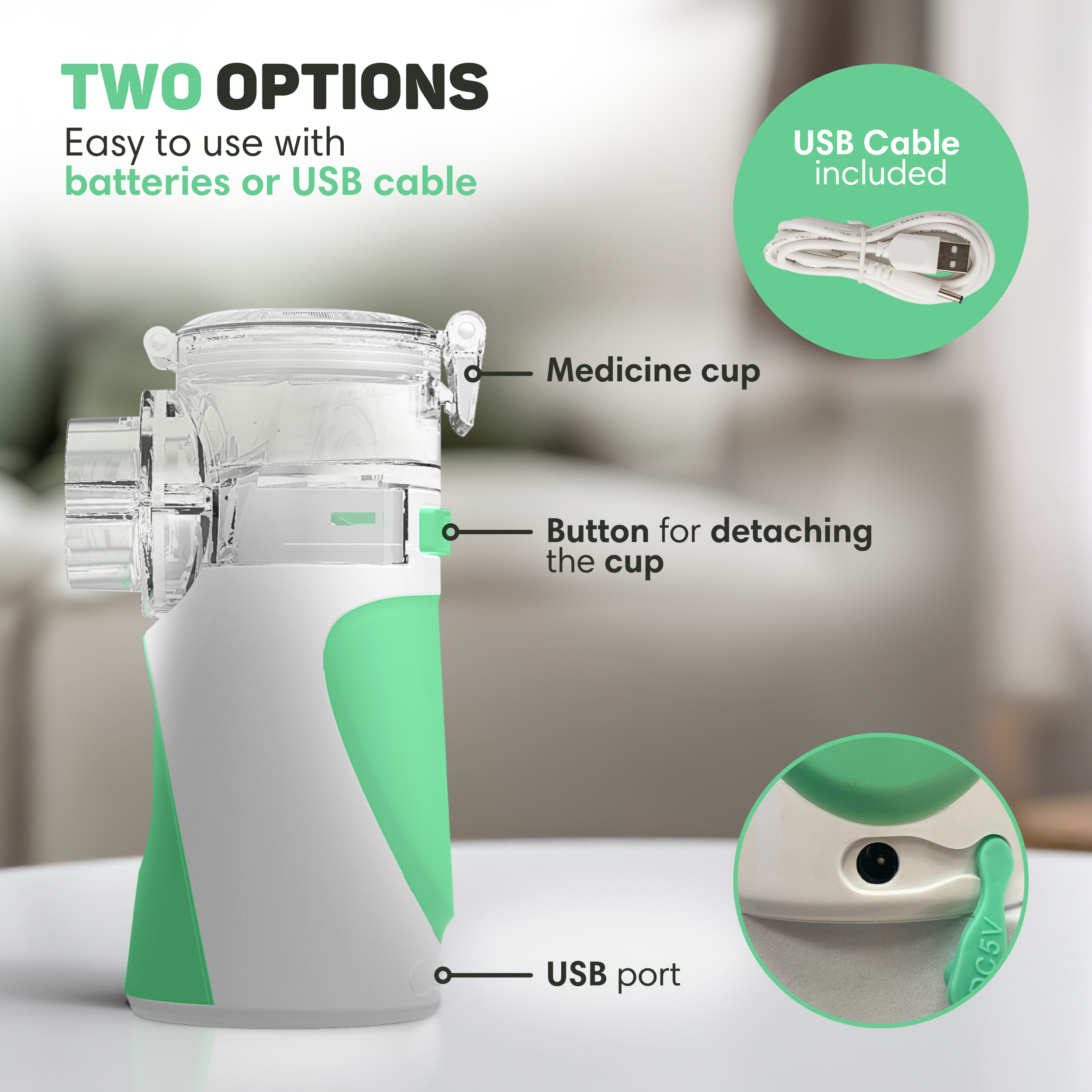 Een wit en groene vernevelaar met gelabelde onderdelen, waaronder een medicijncup en een USB-poort. Een USB-kabel is ook inbegrepen.