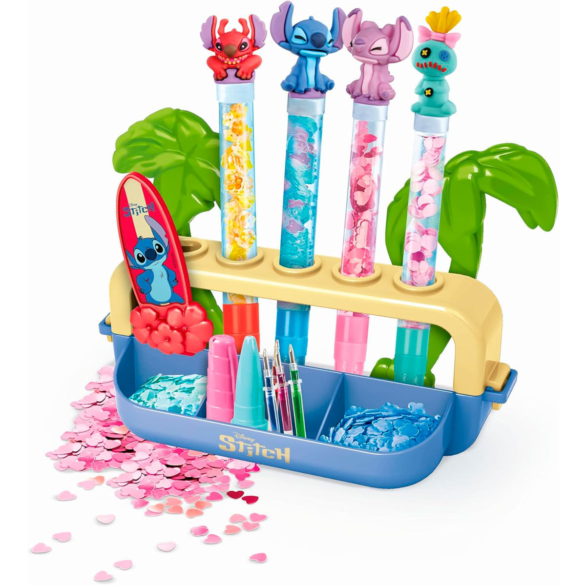 Un juego de manualidades de Disney Stitch. Incluye tubos, figuritas y una bandeja con materiales y confeti.
