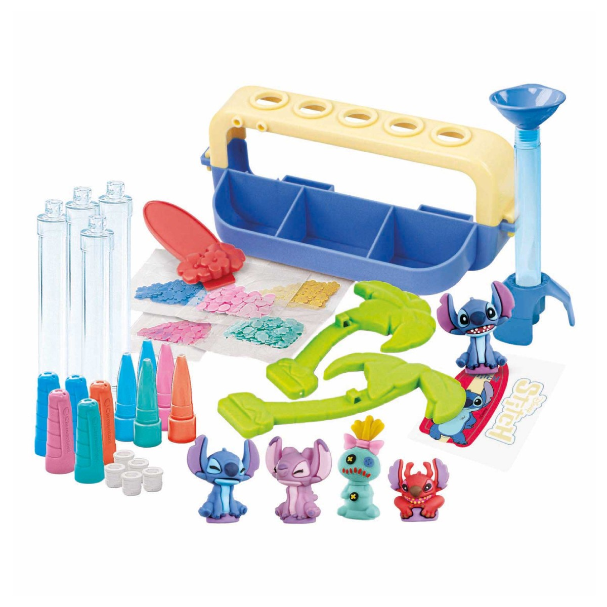 Un kit de manualidades temático de Stitch con varios componentes, incluyendo figuras, moldes, tubos y materiales de colores.