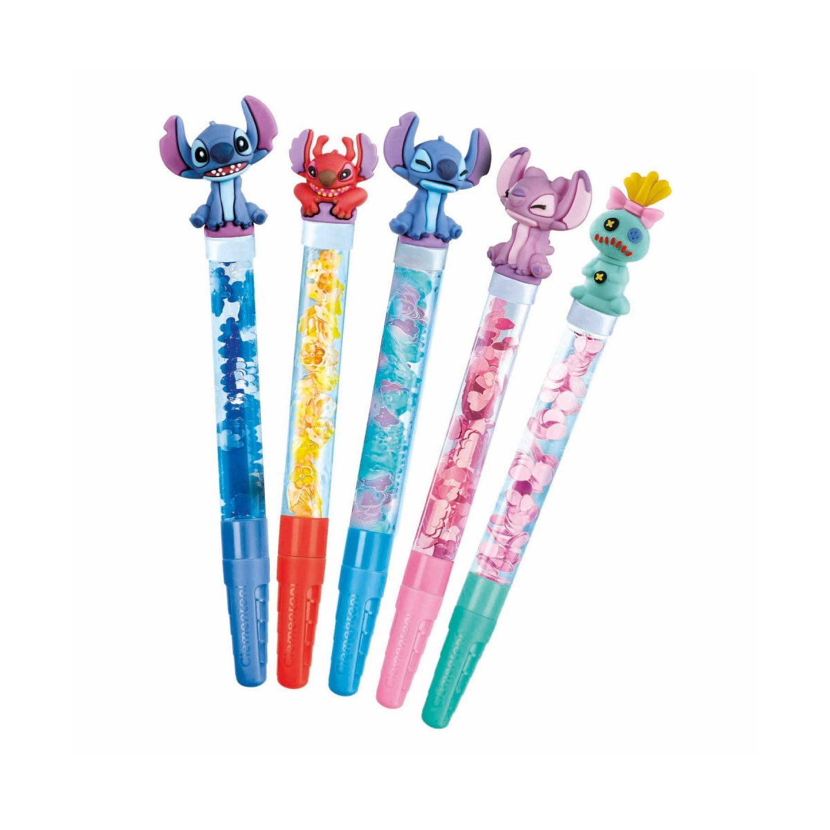 Cinco bolígrafos con personajes de Stitch en la parte superior. Cada bolígrafo tiene un color y diseño diferente en el interior, con fondo blanco.