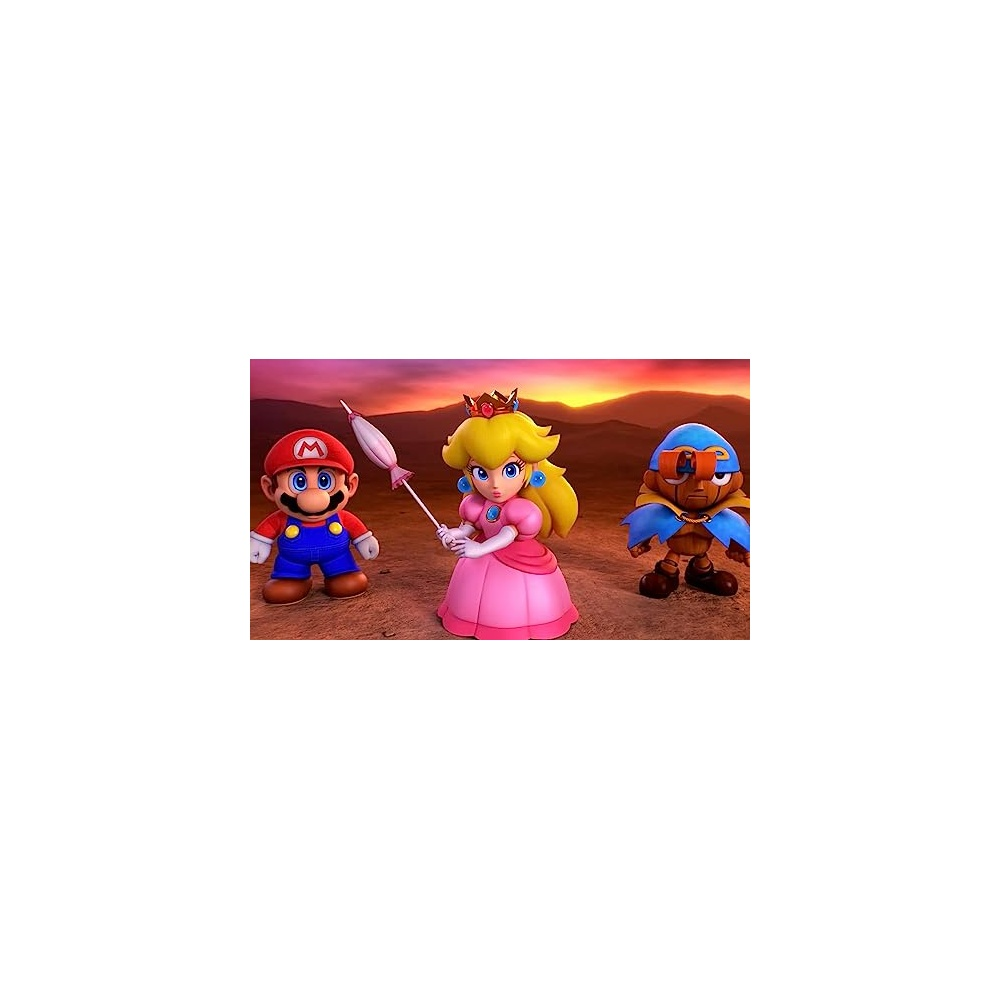 Mario, Peach e un personaggio con un elmo blu sono sulla sabbia con uno sfondo di tramonto. Peach tiene un ombrellone.