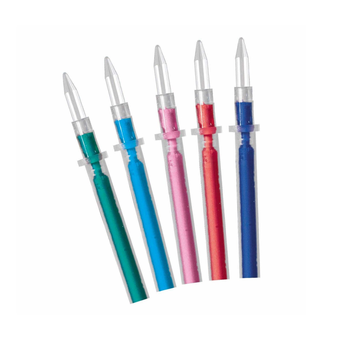 Cinco recambios de bolígrafo de colores. Tinta verde, azul, rosa, roja y azul oscuro visible dentro de tubos de plástico transparente.