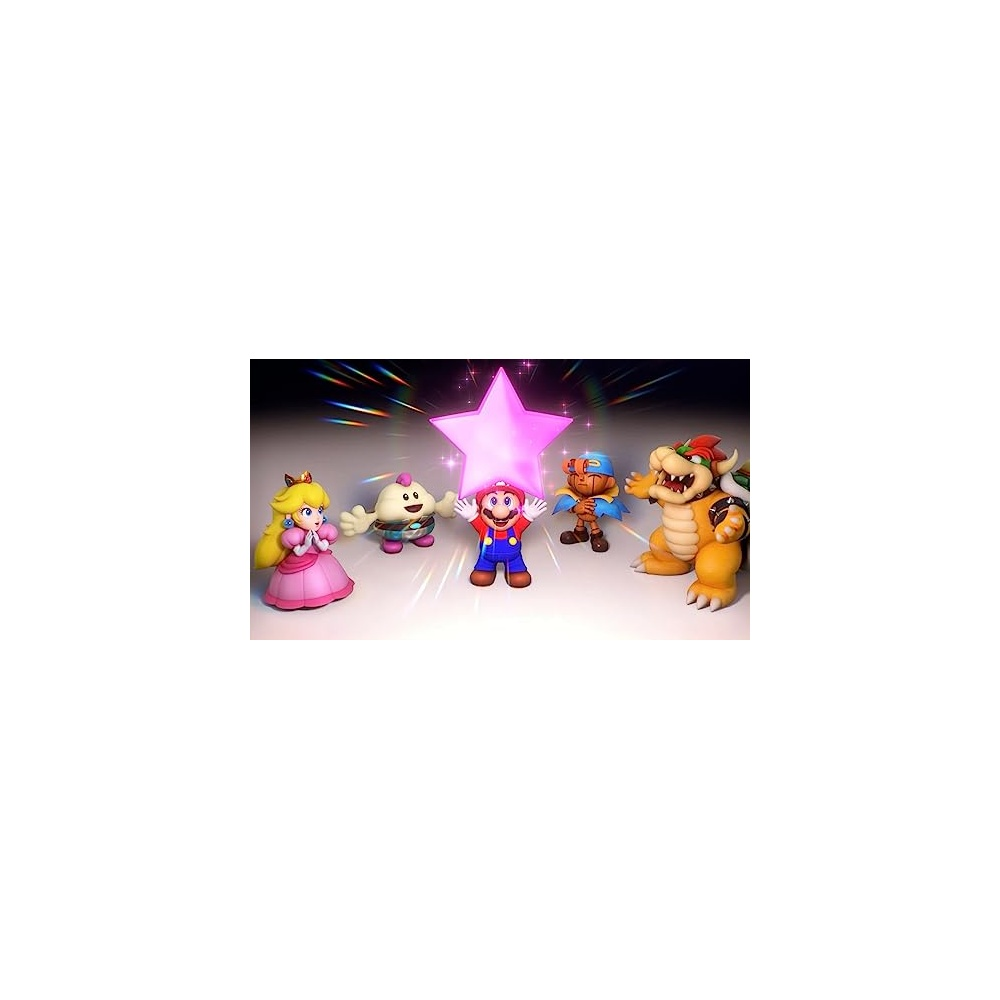 Mario e i suoi amici circondano una stella rosa. La principessa Peach, una piccola creatura, una creatura blu, Bowser, sono presenti. Mario tiene la stella.