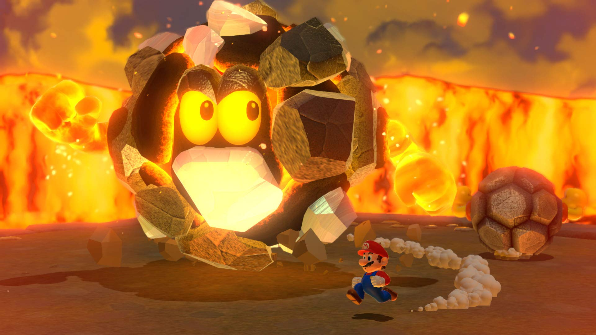 Mario corre de una criatura grande, parecida a una roca, con ojos y boca brillantes, sobre un fondo de fuego.