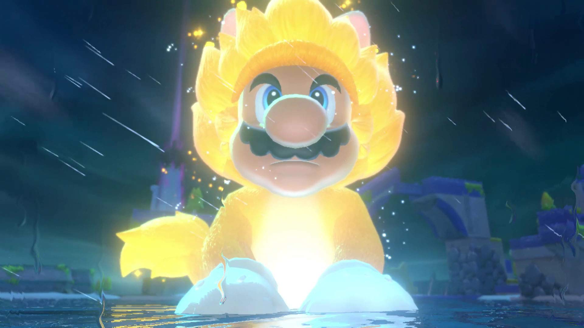 Mario con un traje de león en el agua. Lluvia cayendo. Fondo: puente de piedra y castillo.