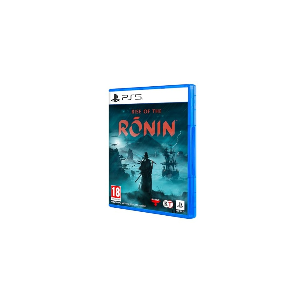 Pudełko gry PS5 dla 'Rise of the Ronin'. Zawiera sylwetkę samuraja, statki i burzliwe niebo. Kategoria wiekowa 18.