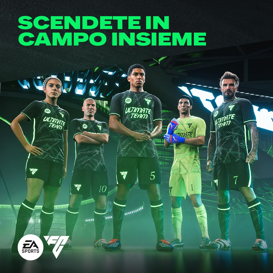 Cinque calciatori con divise di squadra in posa. Il testo recita 'SCENDETE IN CAMPO INSIEME'. Logo EA Sports in basso.